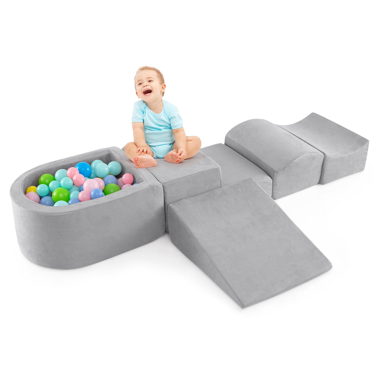 5-Piece Climb and Crawl Playset with Ball Pit for Kids-Grey