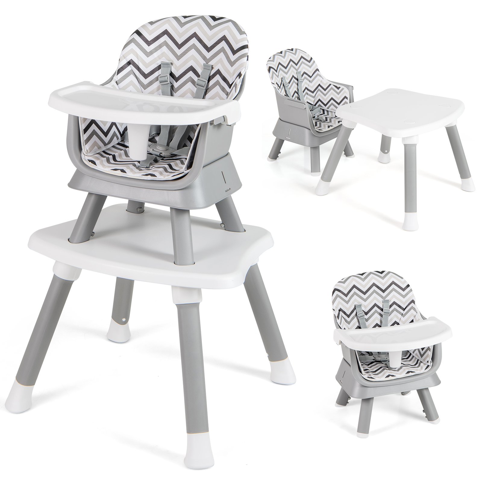 6-in-1 Baby High Chair with 5-Point Harness and Removable Tray-Gray & White