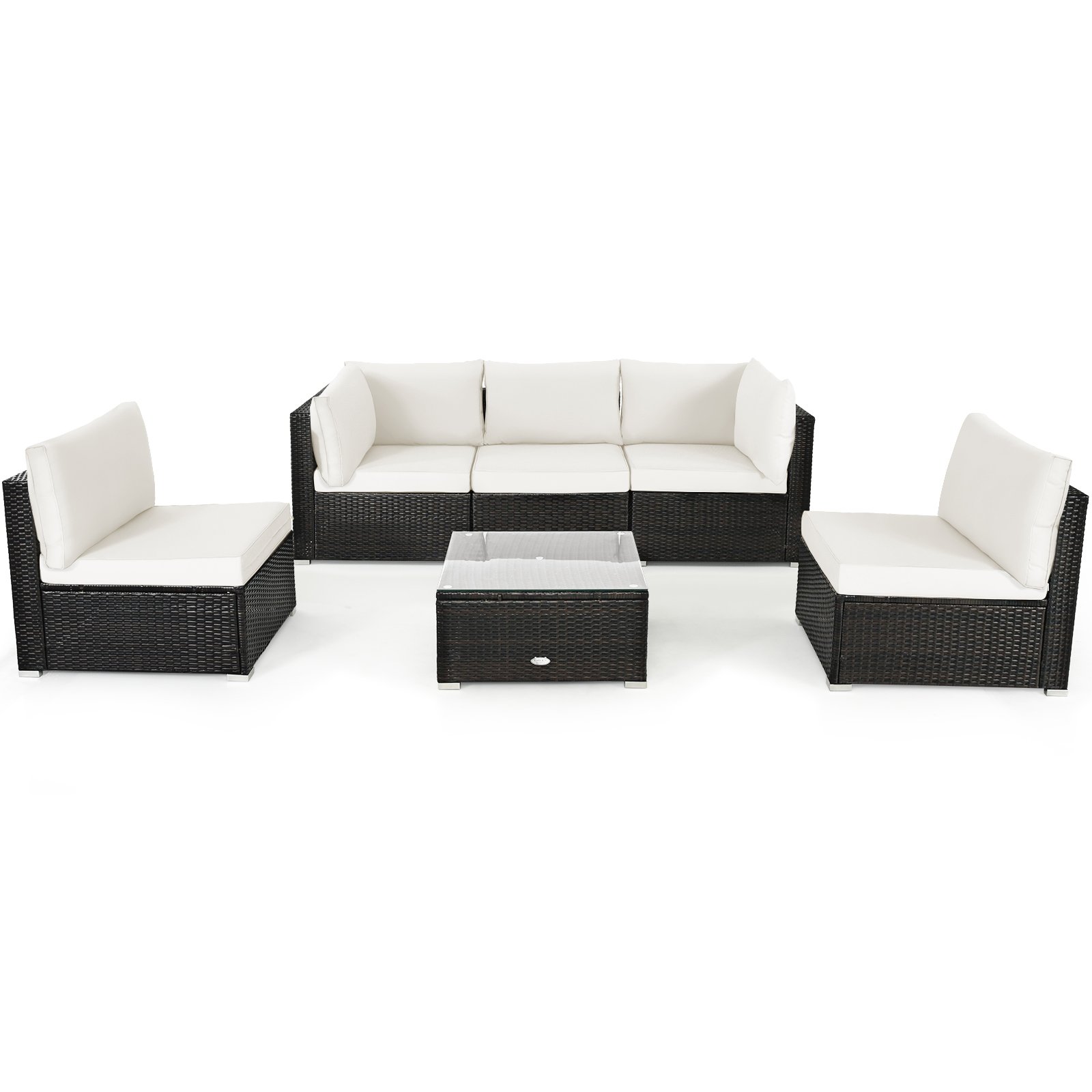 6 Piece Outdoor Rattan Sofa Set with Soft Seat and Back Cushions-White