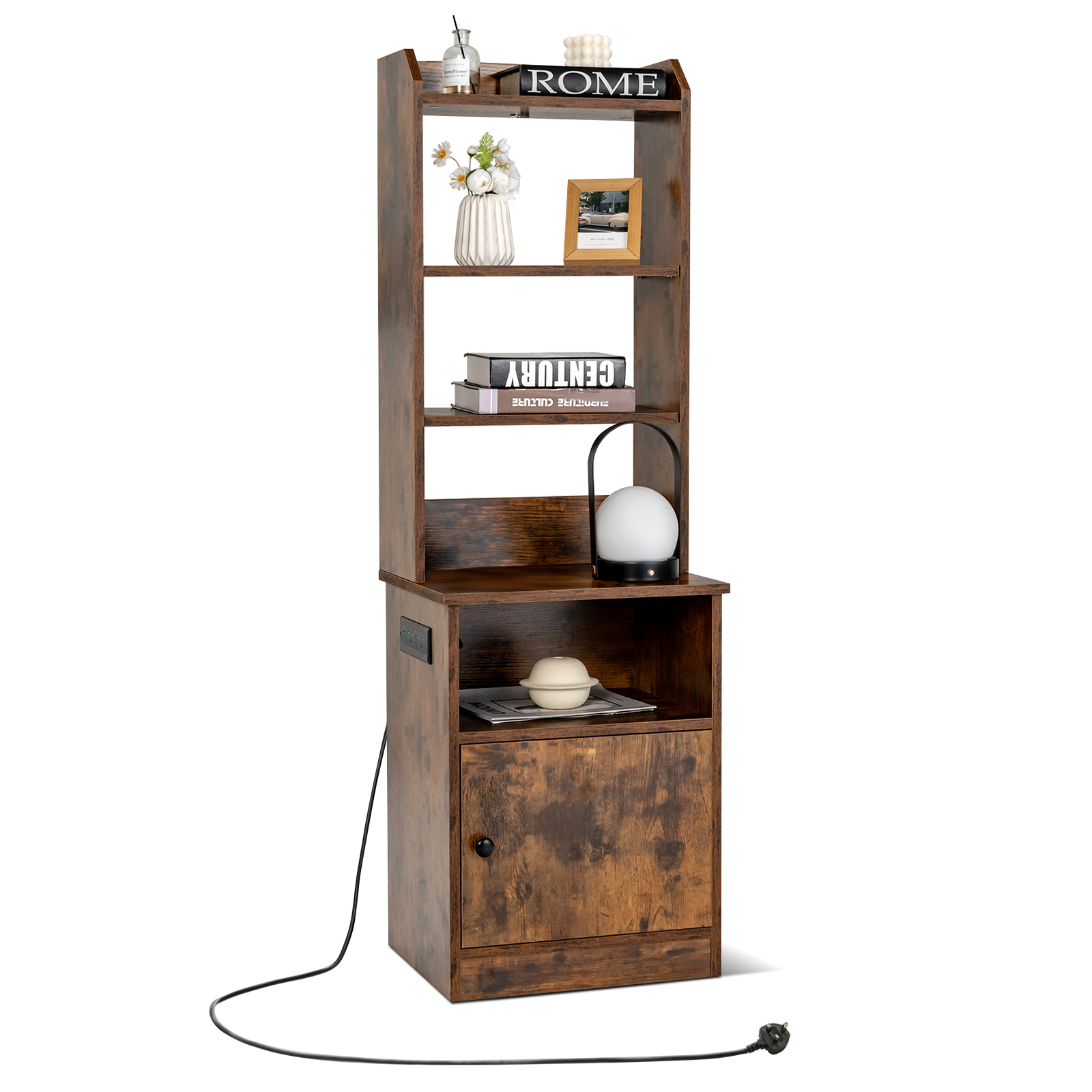 6-Tier Nightstand with Charging Station Tall with Shelf and Cabinet-Rustic Brown