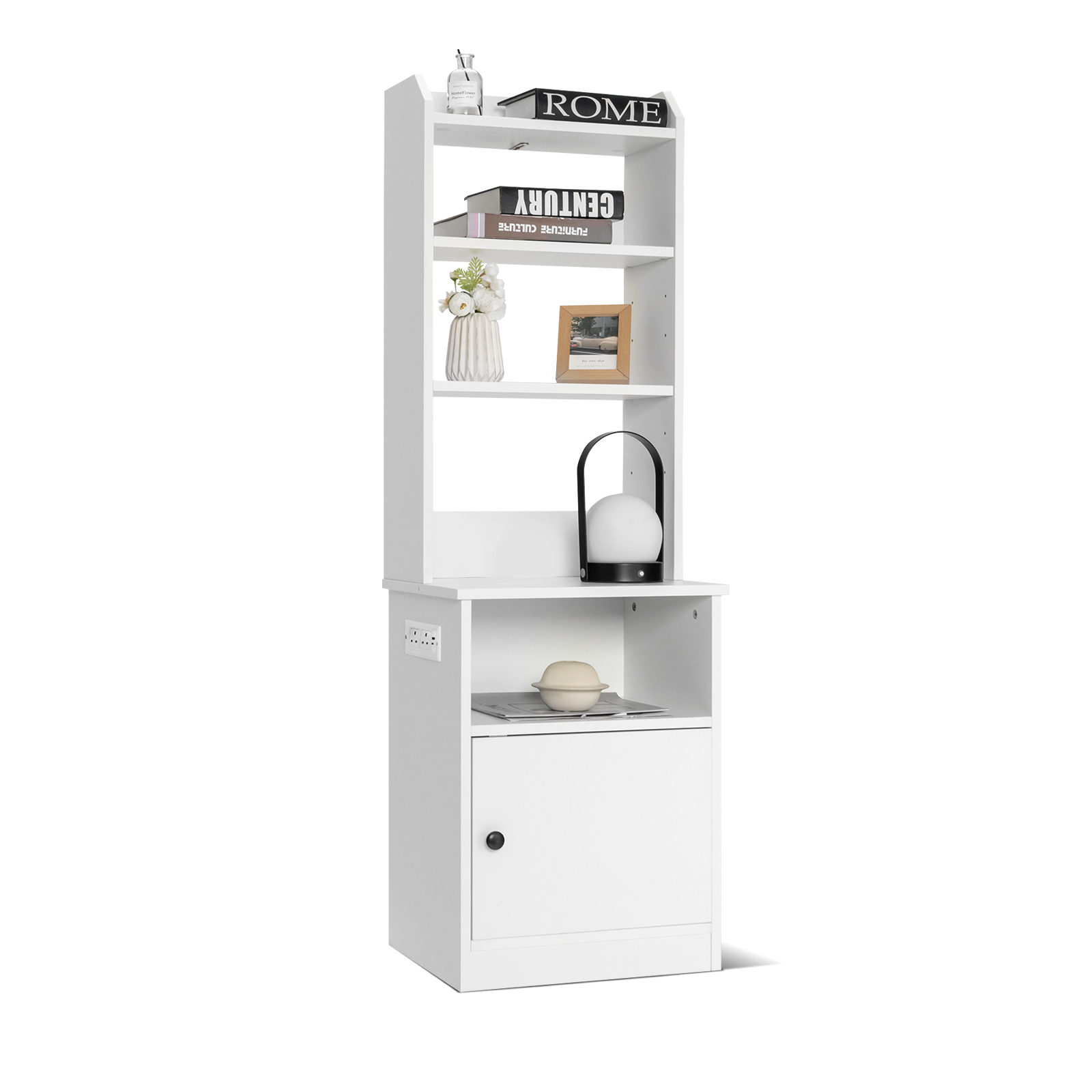 6-Tier Nightstand with Charging Station Tall with Shelf and Cabinet-White