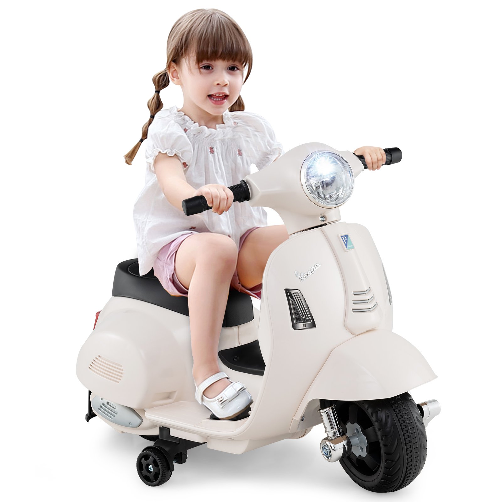 6V Kids Ride on Motorcycle Vespa Licensed with Lights and Horn Sound-White