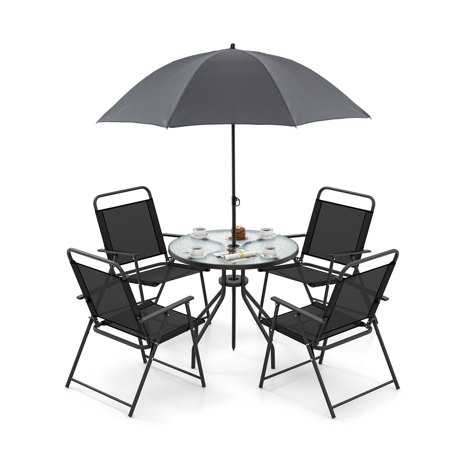 6 Piece Outdoor Dining Set with Detachable Umbrella for Poolside-Grey