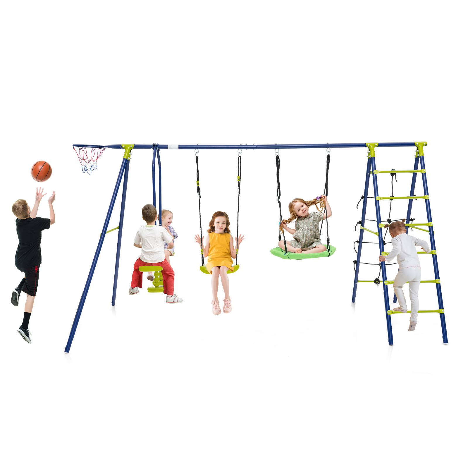 6-in-1 Metal Swing Set with 2 Height-Adjustable Swings for Kids 3-12 Years Old-Green