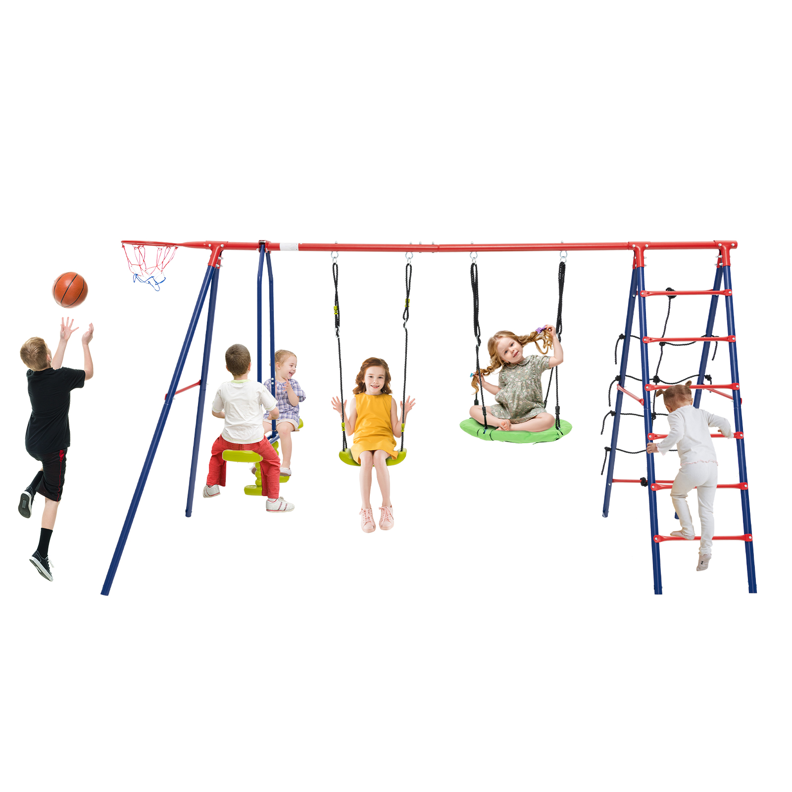 6-in-1 Metal Swing Set with 2 Height-Adjustable Swings for Kids 3-12 Years Old-Red