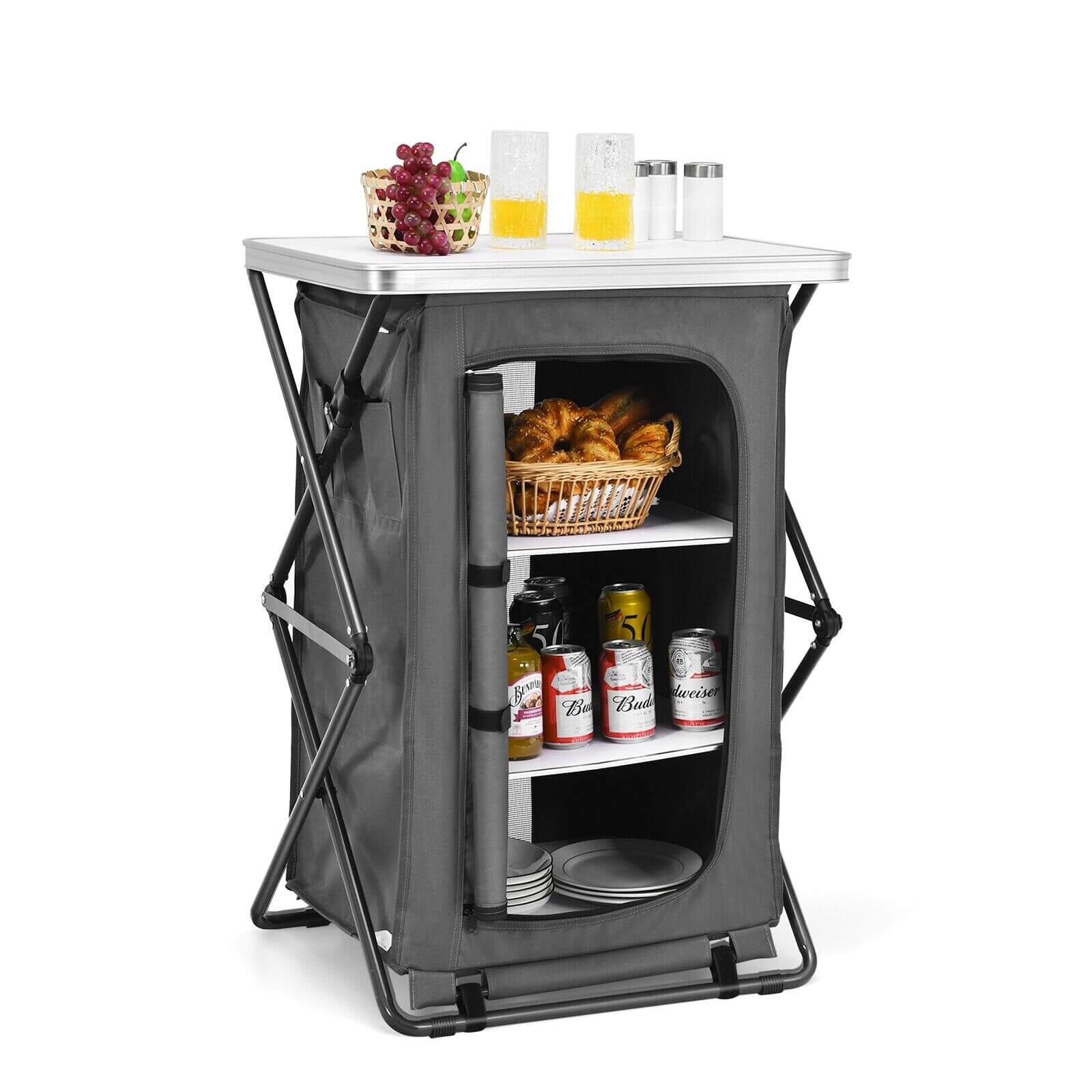 3-Tier Folding Camping Storage Cabinet with Side Pockets and Carry Bag-M