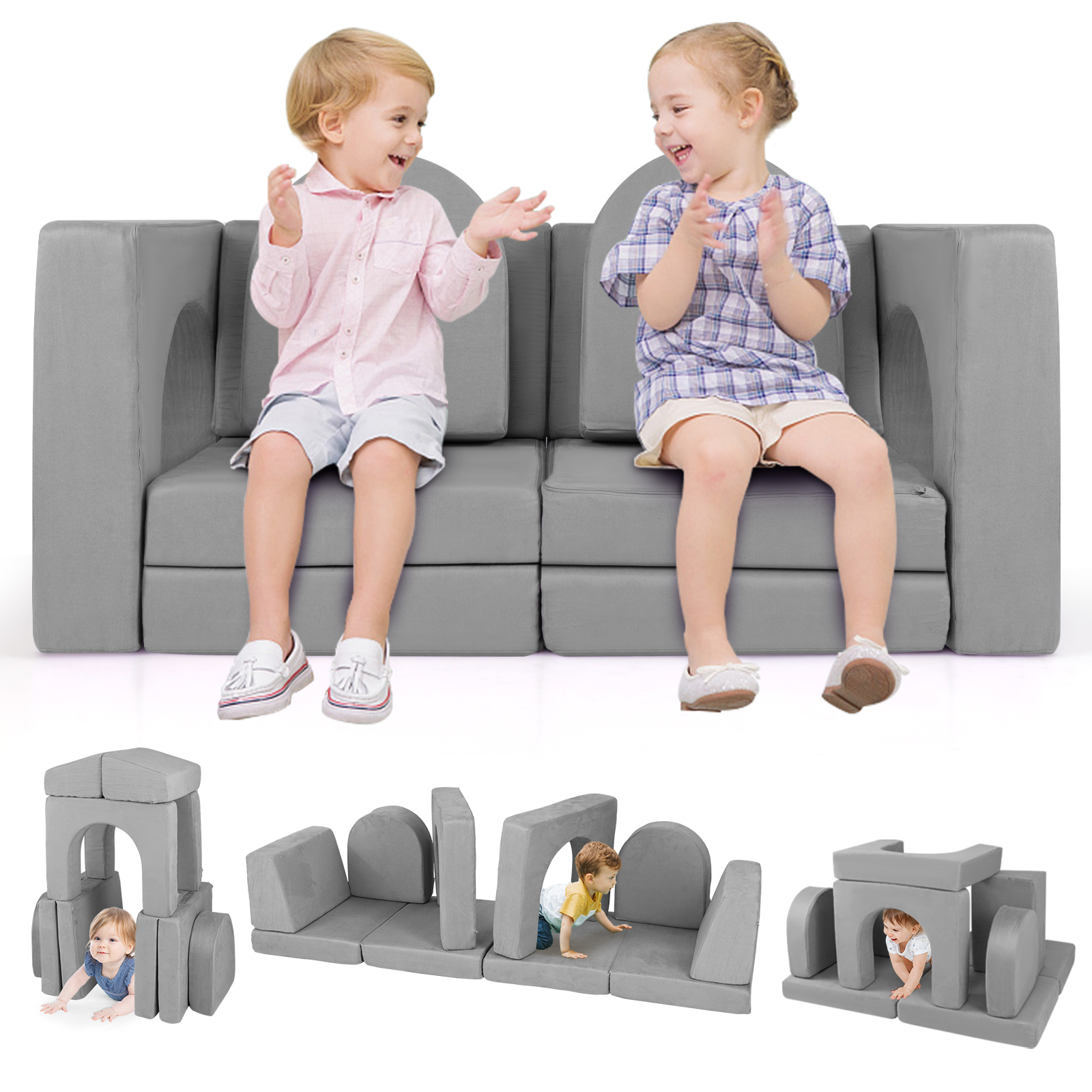 8-Piece Modular Kids Play Couch with Machine-washable Covers-Grey