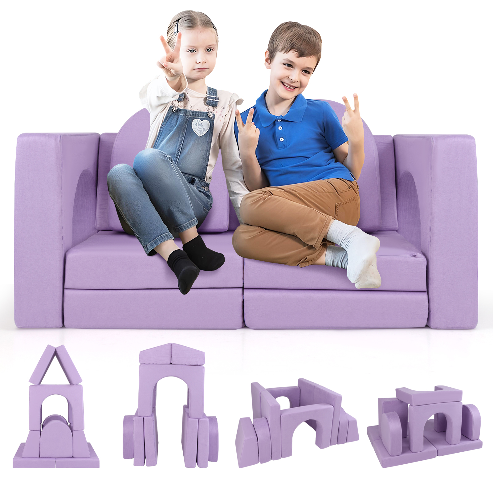 8-Piece Modular Kids Play Couch with Machine-washable Covers-Purple