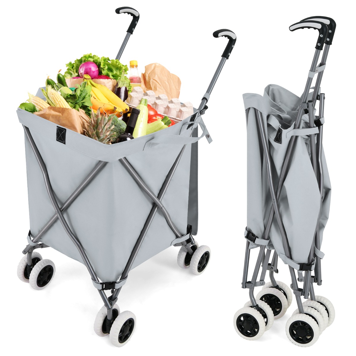 90L Folding Shopping Trolley with Removable Waterproof Bag and Cove-Grey