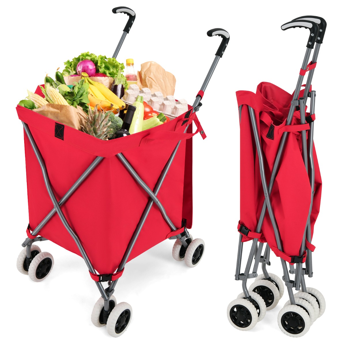 90L Folding Shopping Trolley with Removable Waterproof Bag and Cove-Red