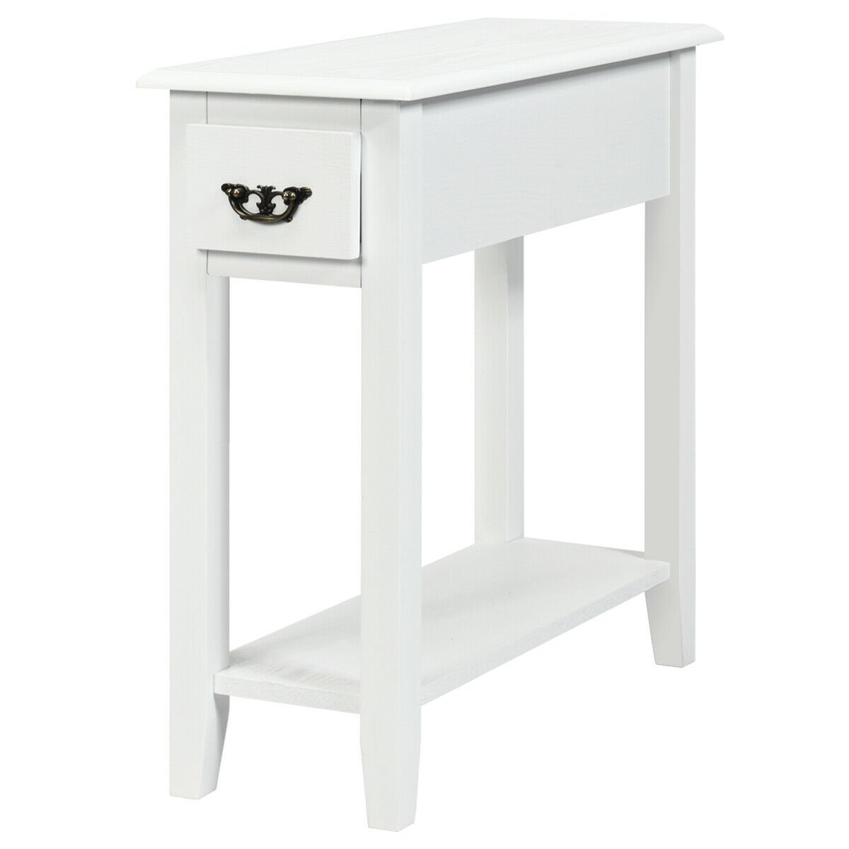 2-Tier Bedside Table with Drawer and Storage Shelf-White