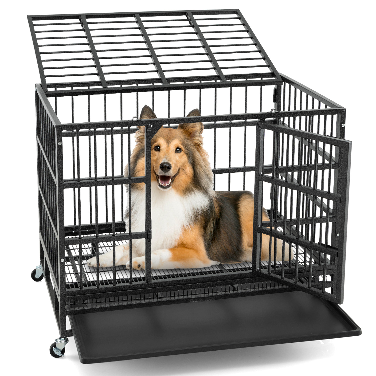 96/120cm Metal Dog Cage Foldable with Double Door and Wheels-M