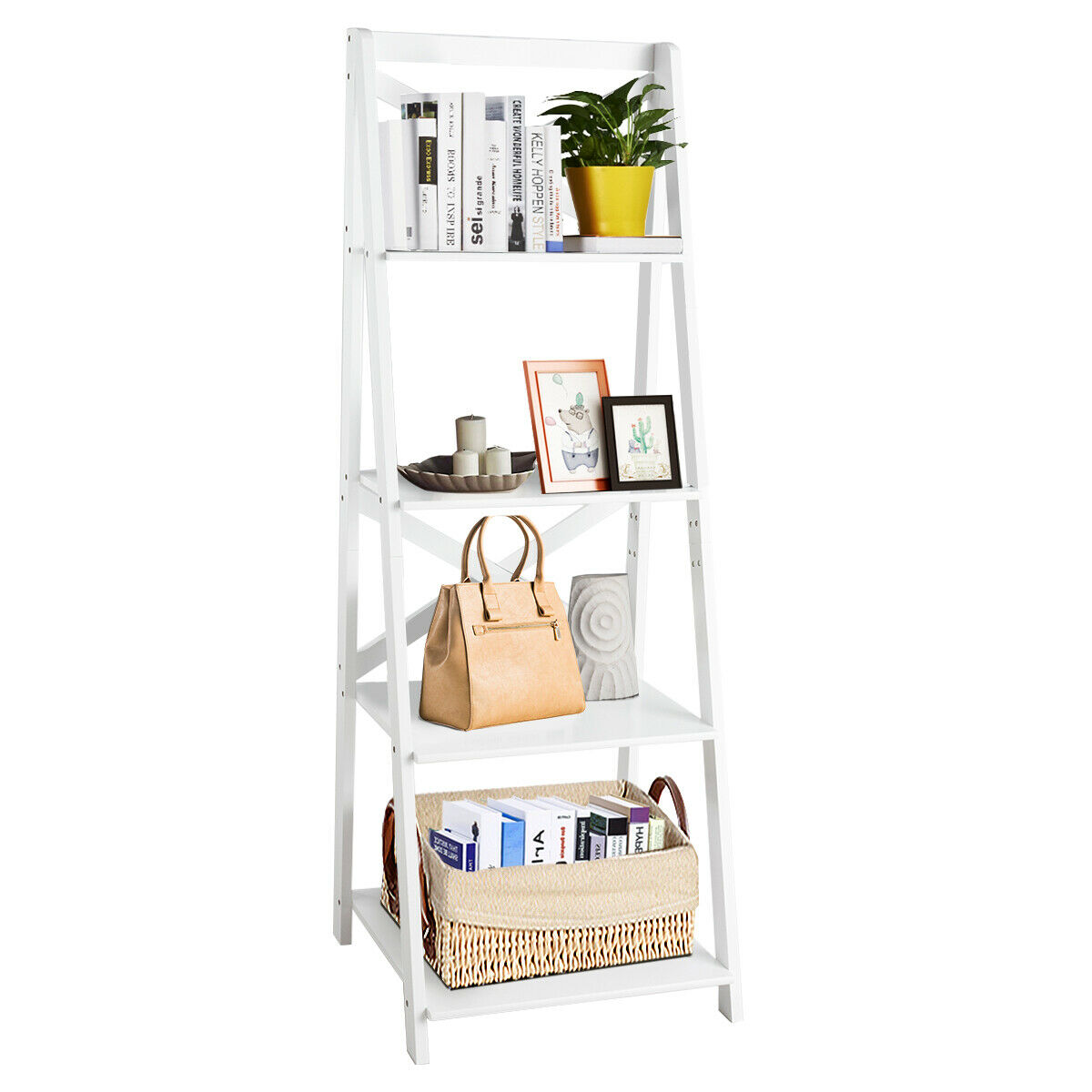 4 Tier Wooden Ladder Shelving Unit-White