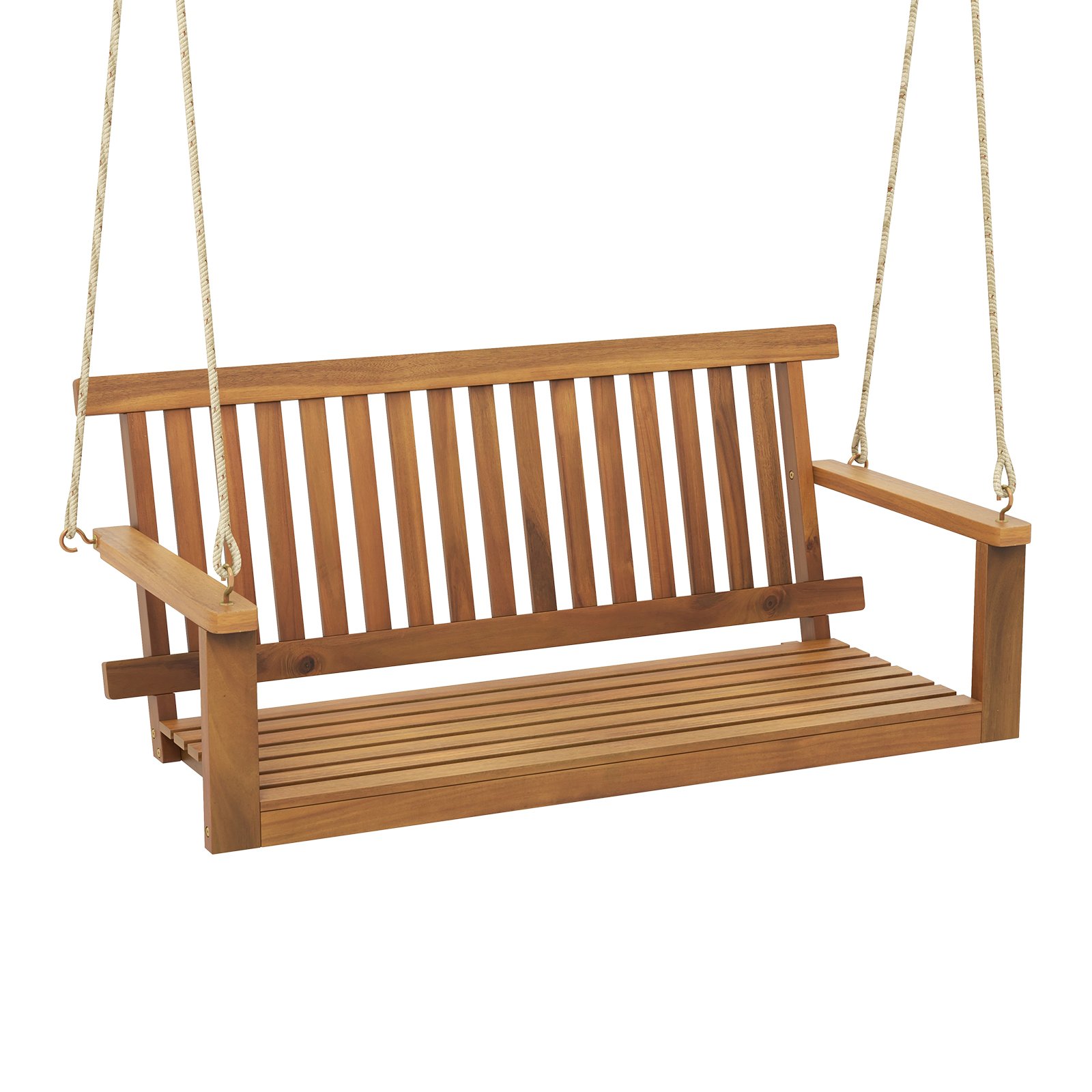 Acacia Wood Porch Swing with Slatted Seat and Backrest