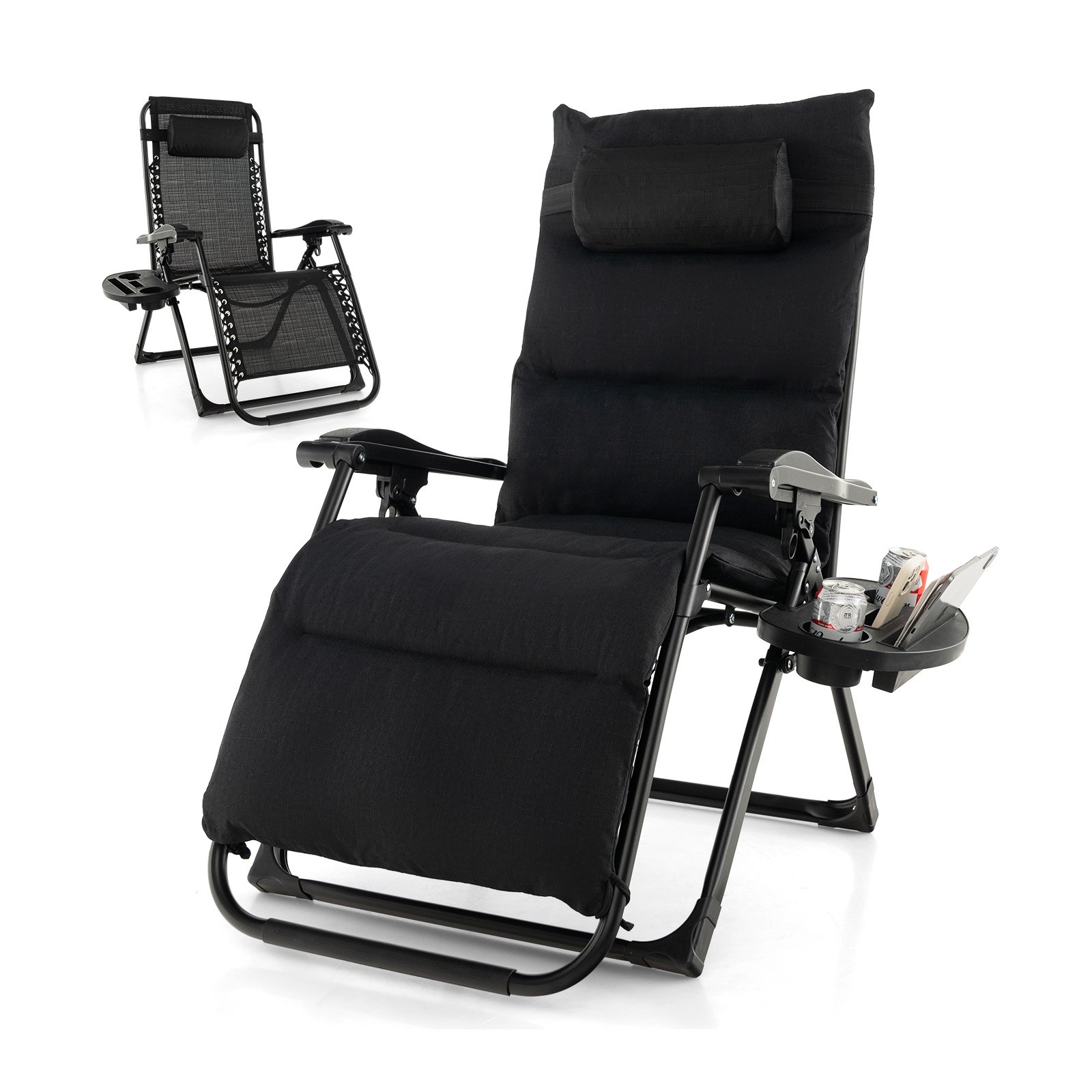 Adjustable Metal Zero Gravity Lounge Chair with Cup Holder Tray-Black