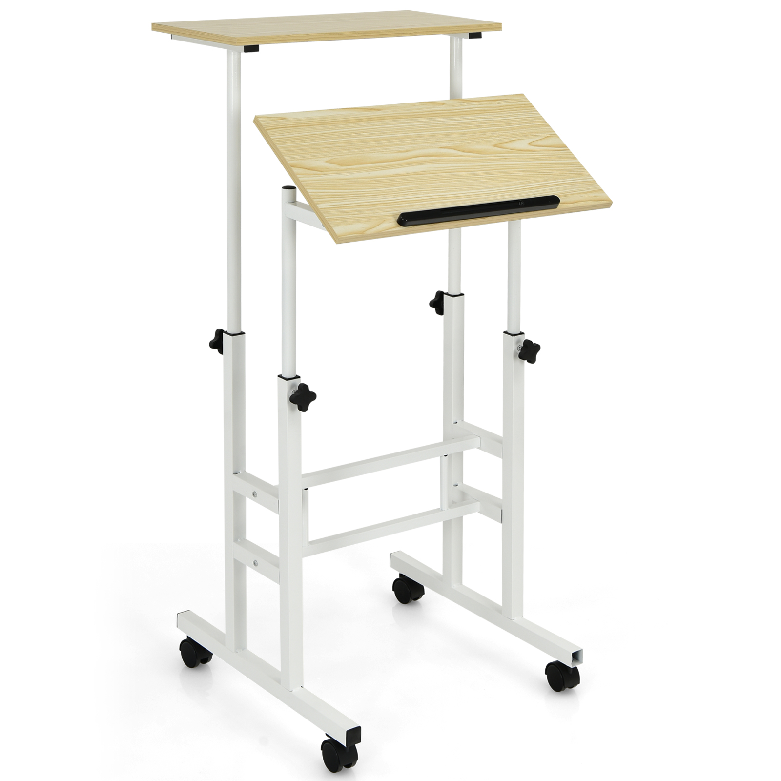 2-Tier Adjustable Standing Desk on Wheels-Natural