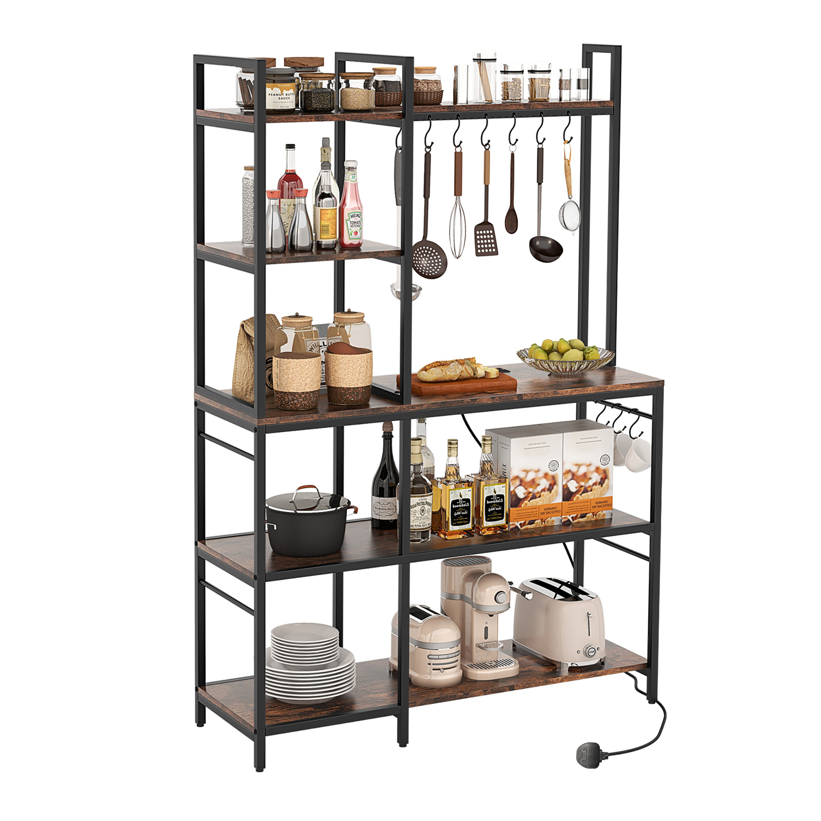 Bakers Rack with Power Outlets and 10 S-Shaped Hooks-Coffee