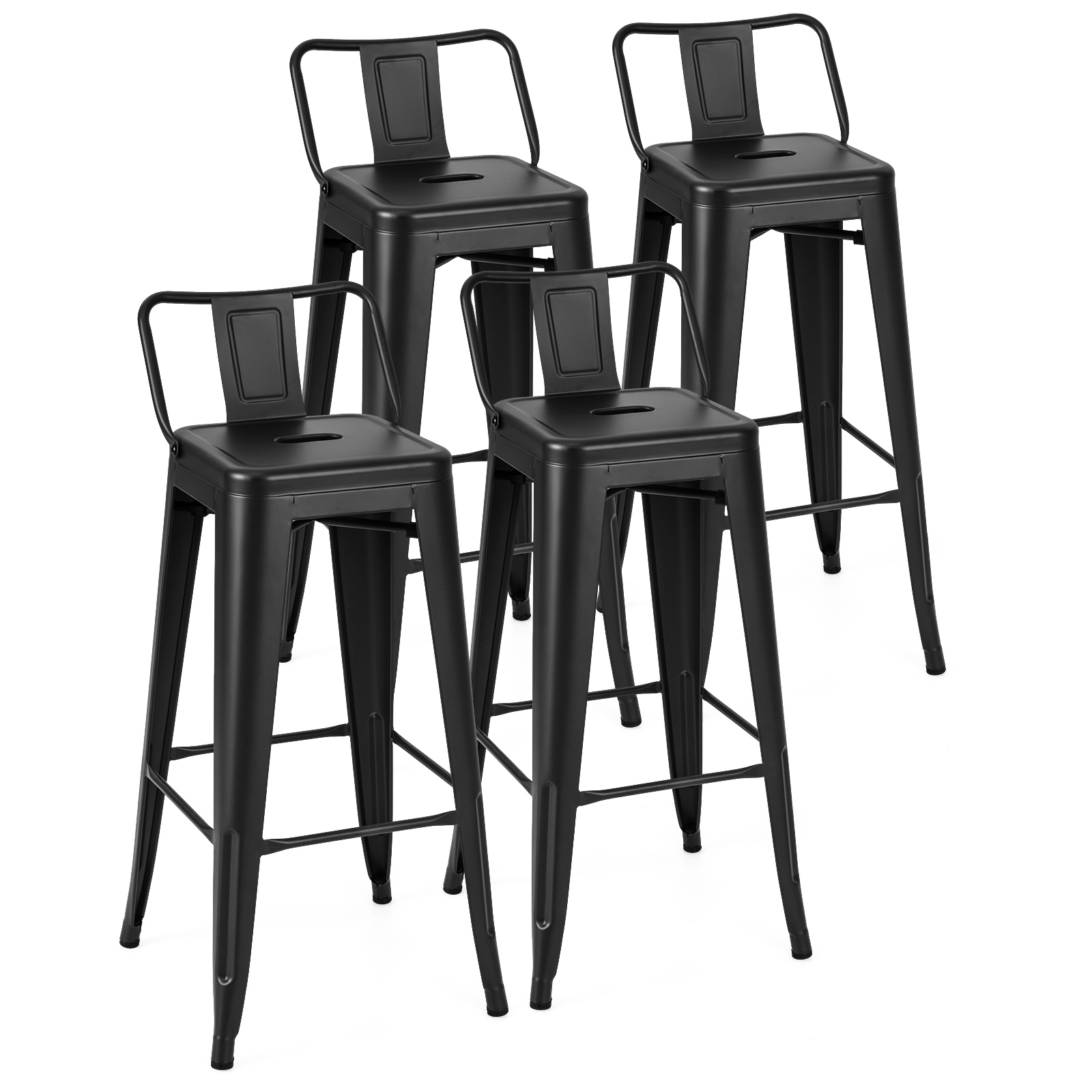 Set of 4 Metal Bar Stools 76 cm with Removable Backrest-Black