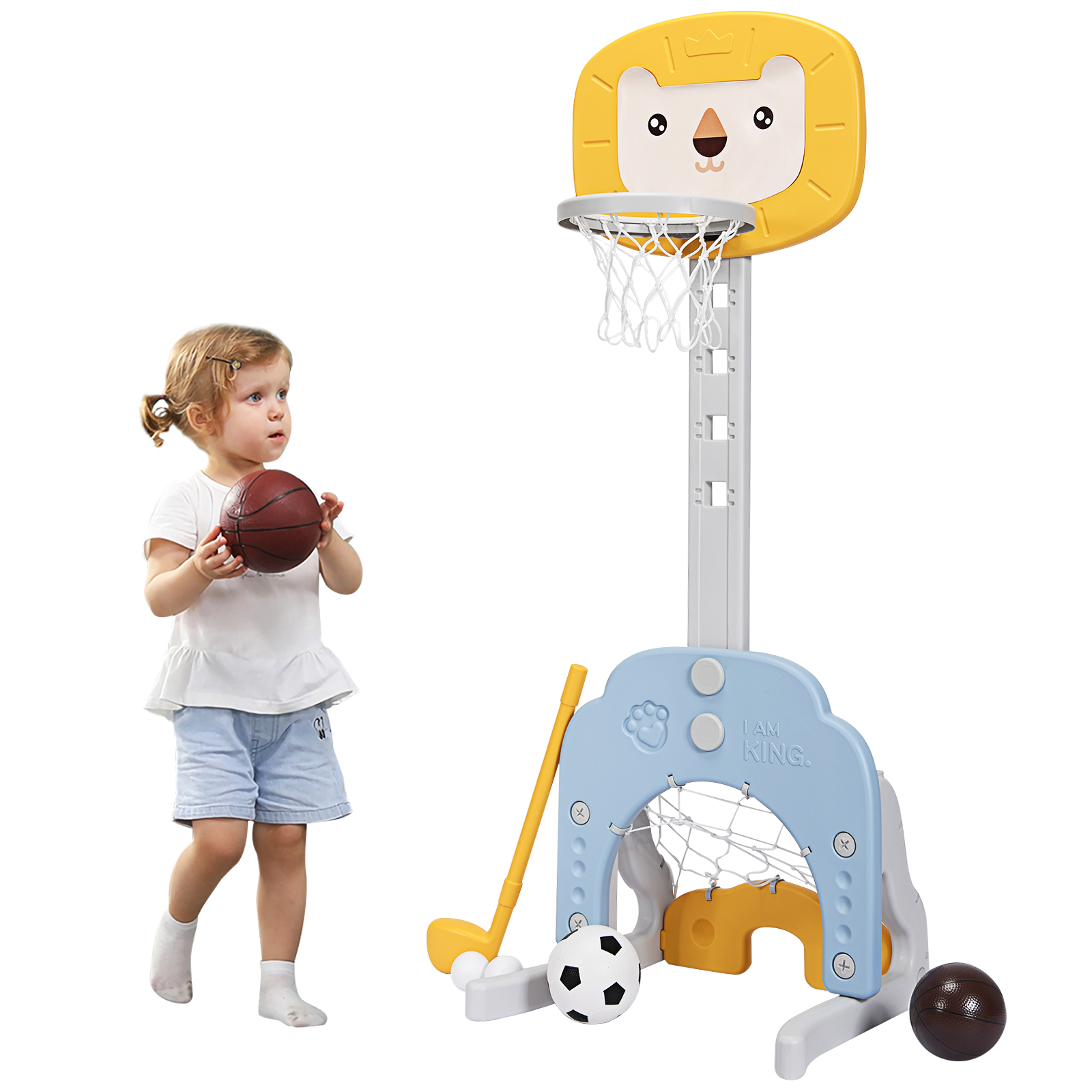 3-in-1 Basketball Hoop Set Stand with 5 Adjustable Height Levels-Yellow