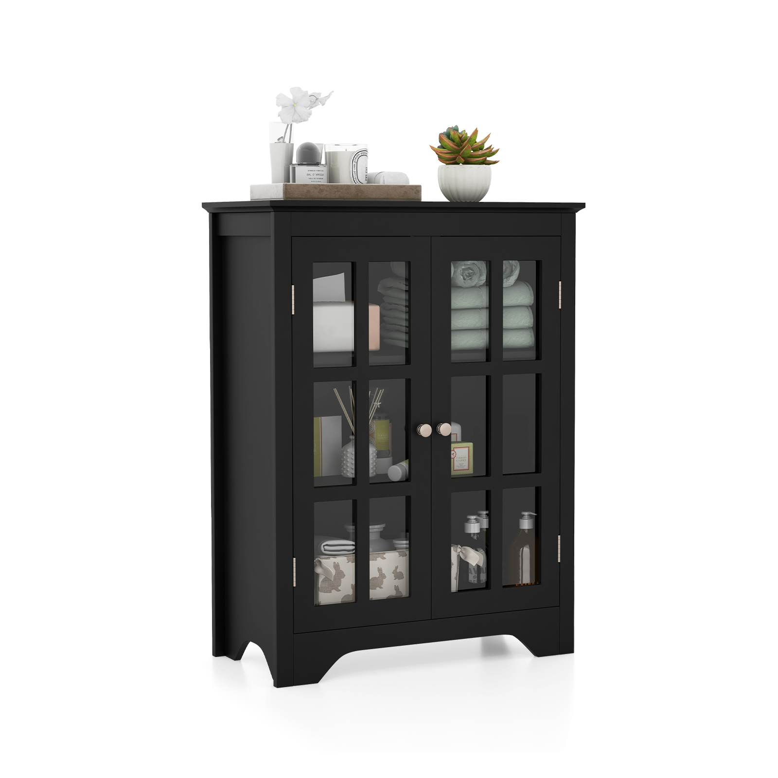 Bathroom Floor Cabinet with 2 Glass Doors and Adjustable Shelves-Black