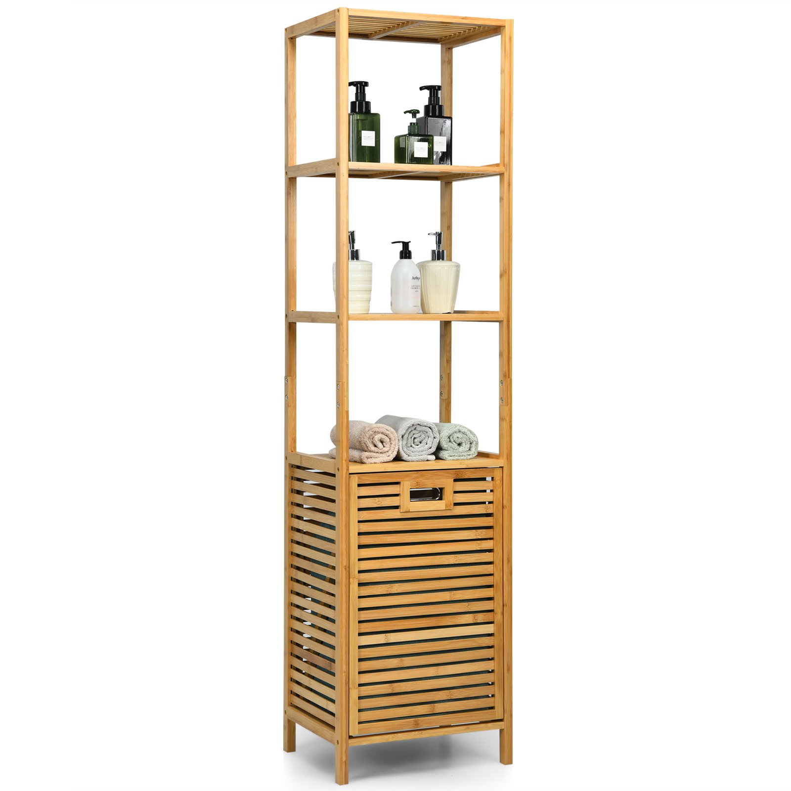 Bathroom Tilt-out Laundry Hamper Organizer with 3-Tier Storage Shelves-Natural