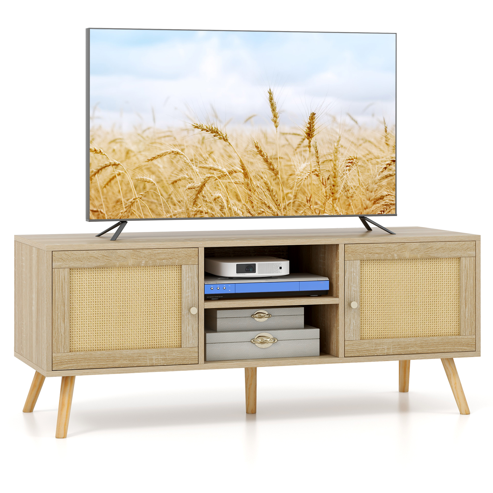 Boho PE Rattan TV Stand with 2 Cabinets and Open Shelves