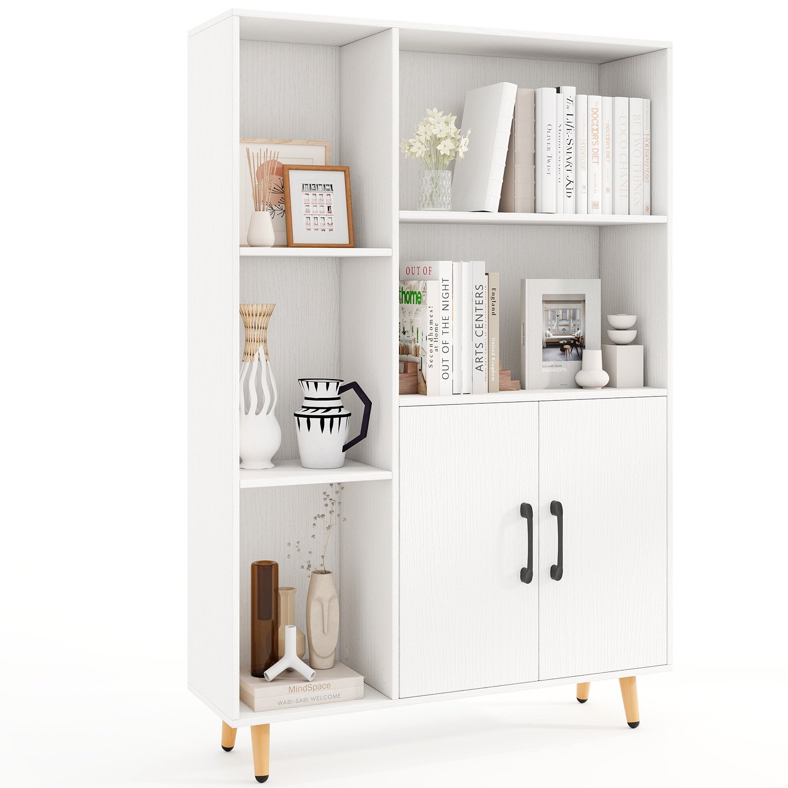 Bookcase with 5 Open Compartments and Double Doors Storage Cabinet-White