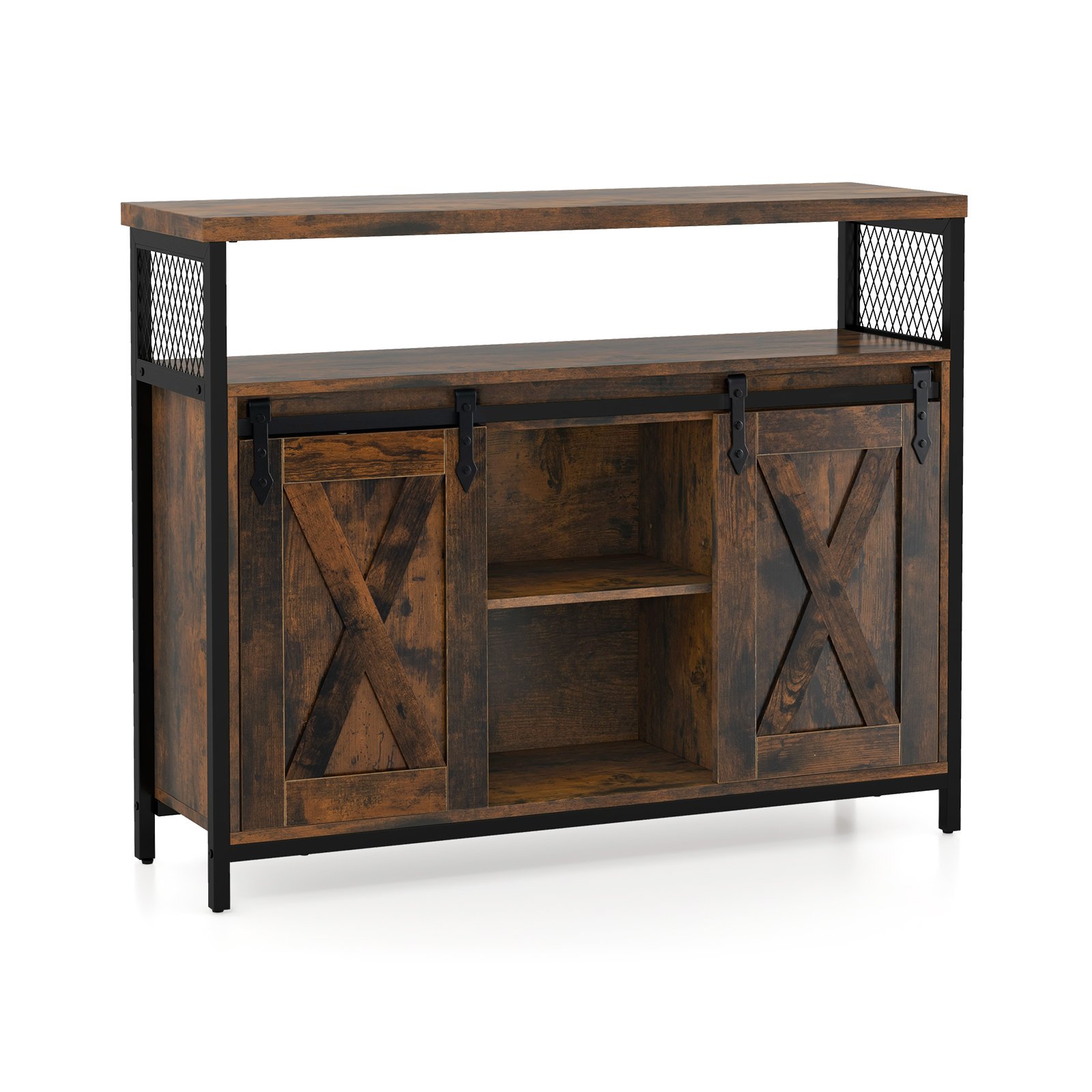 Buffet Cabinet Farmhouse Coffee Bar Cabinet with 3-Level Adjustable Shelves-Rustic Brown