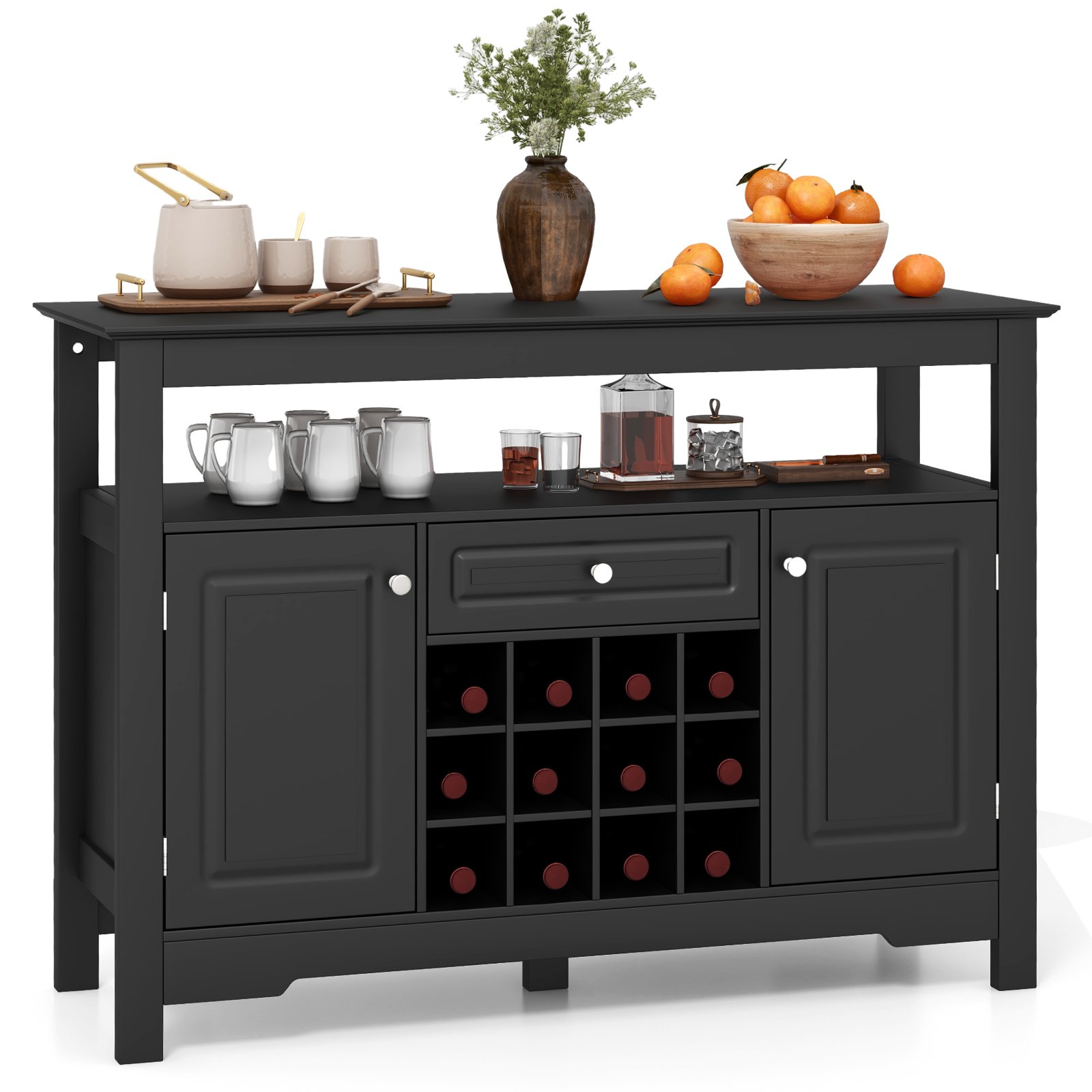 Kitchen Storage Sideboard with Removable Wine Rack and Drawer-Black