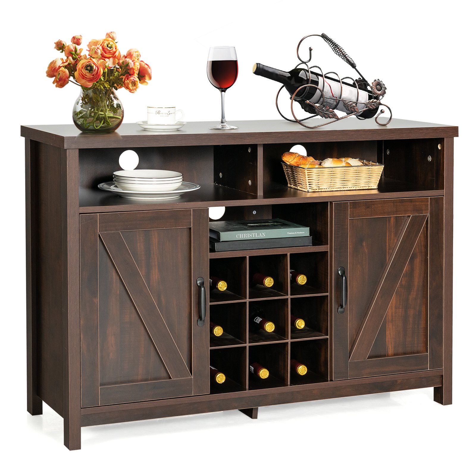 Buffet Storage Cabinet with Detachable 9-Bottle Wine Rack and 2 Door Cabinets-Dark Brown