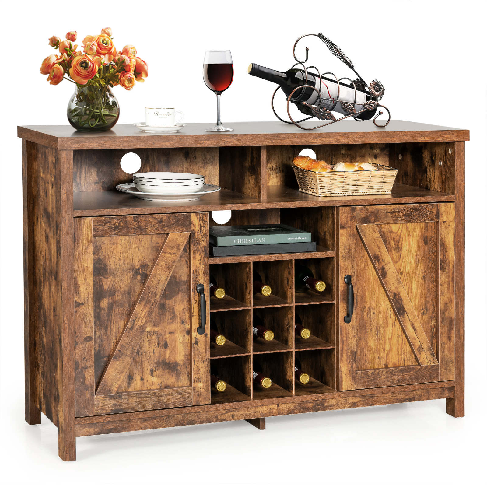 Buffet Storage Cabinet with Detachable 9-Bottle Wine Rack and 2 Door Cabinets-Rustic Brown