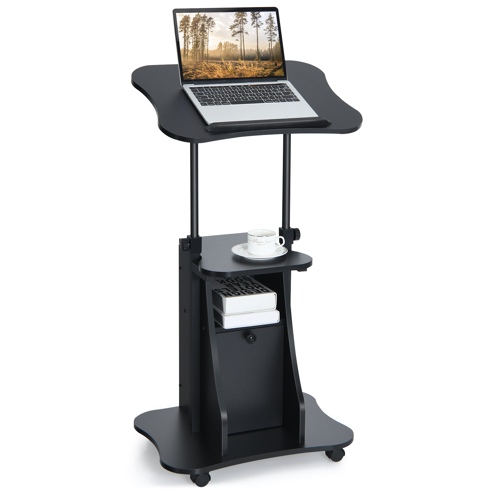 Mobile Laptop Table with Adjustable Height and Storage Cabinet-Black