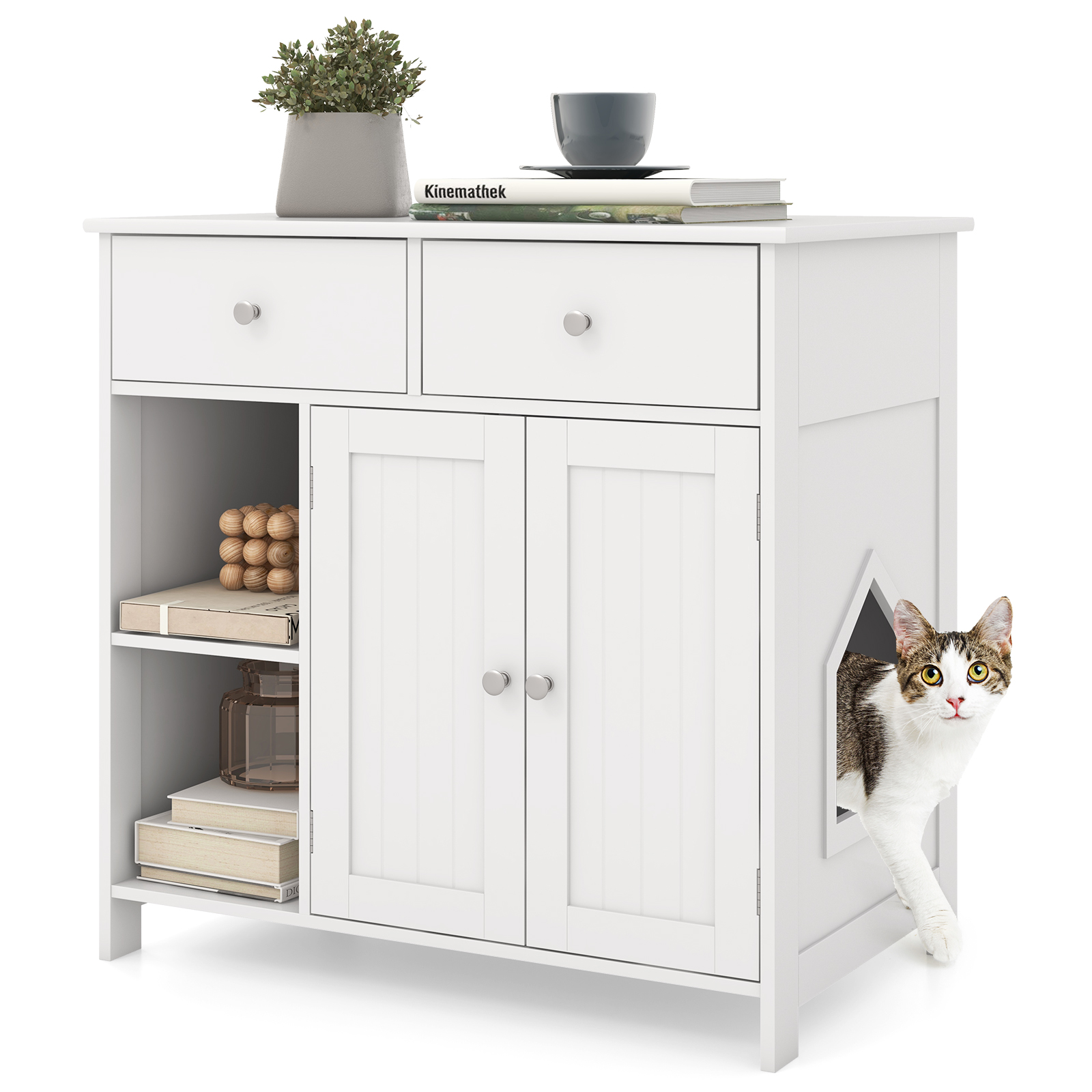 Litter Box Hidden Cat Washroom Side Cabinet Wooden Pet House-White