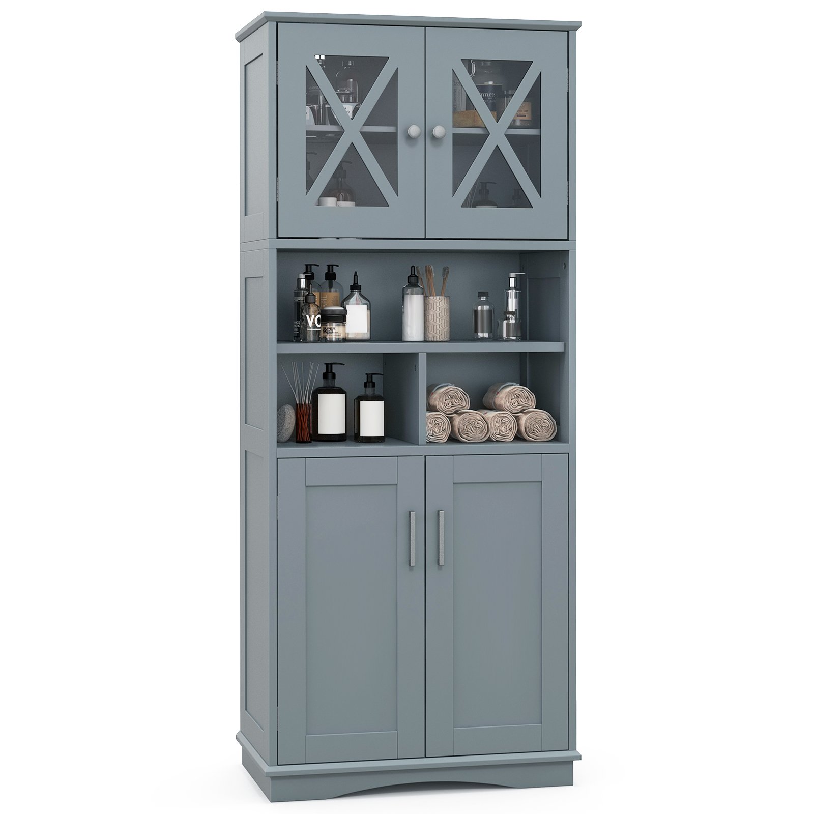 Tall Bathroom Floor Storage Cabinet with Acrylic Doors and 3 Cubes-Grey