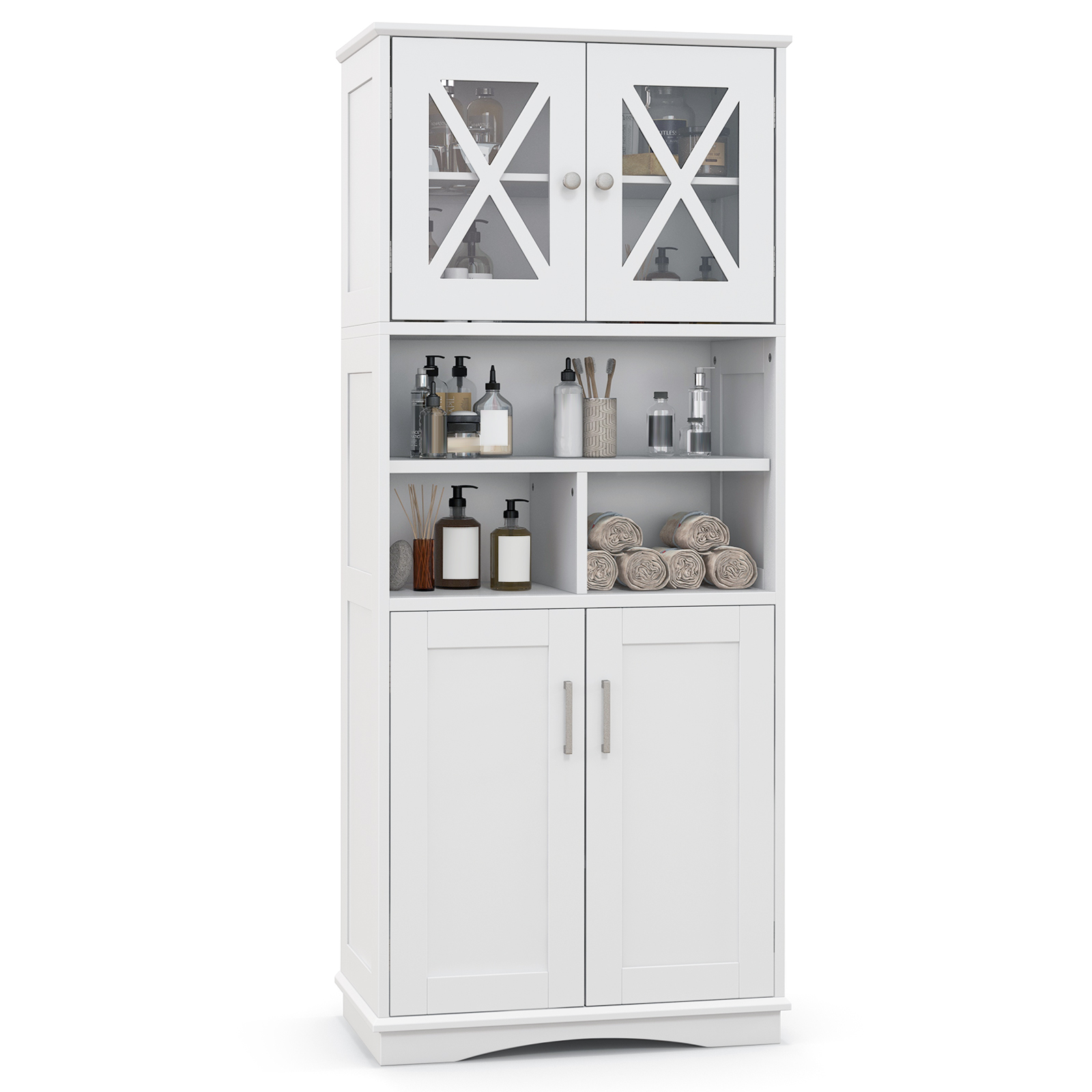 Tall Bathroom Floor Storage Cabinet with Acrylic Doors and 3 Cubes-White