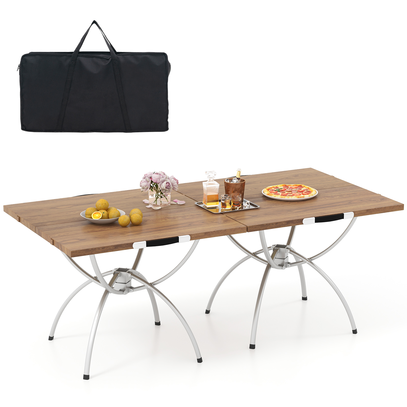 Foldable Picnic Table with Extendable Design and Wood-grain Tabletop for Hiking Fishing BBQ Party-Coffee