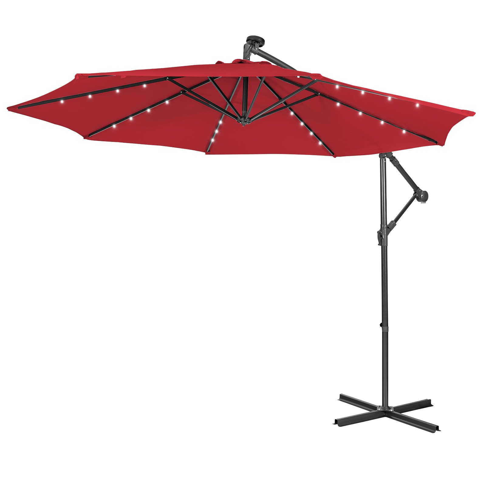 10 ft Cantilever Umbrella with 32 Solar-Powered LED Lights for Backyard Poolside Market-Wine