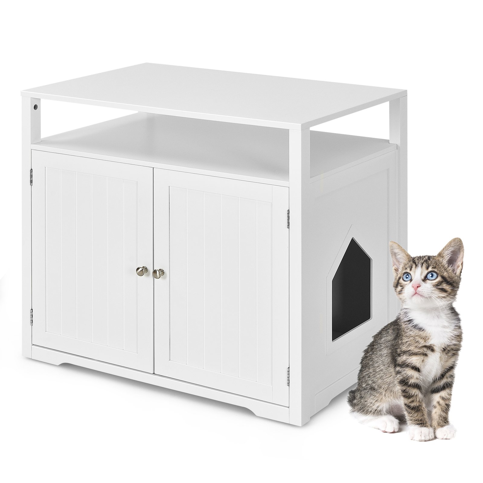 Cat Litter Box Enclosure with Adjustable and Removable Divider-White