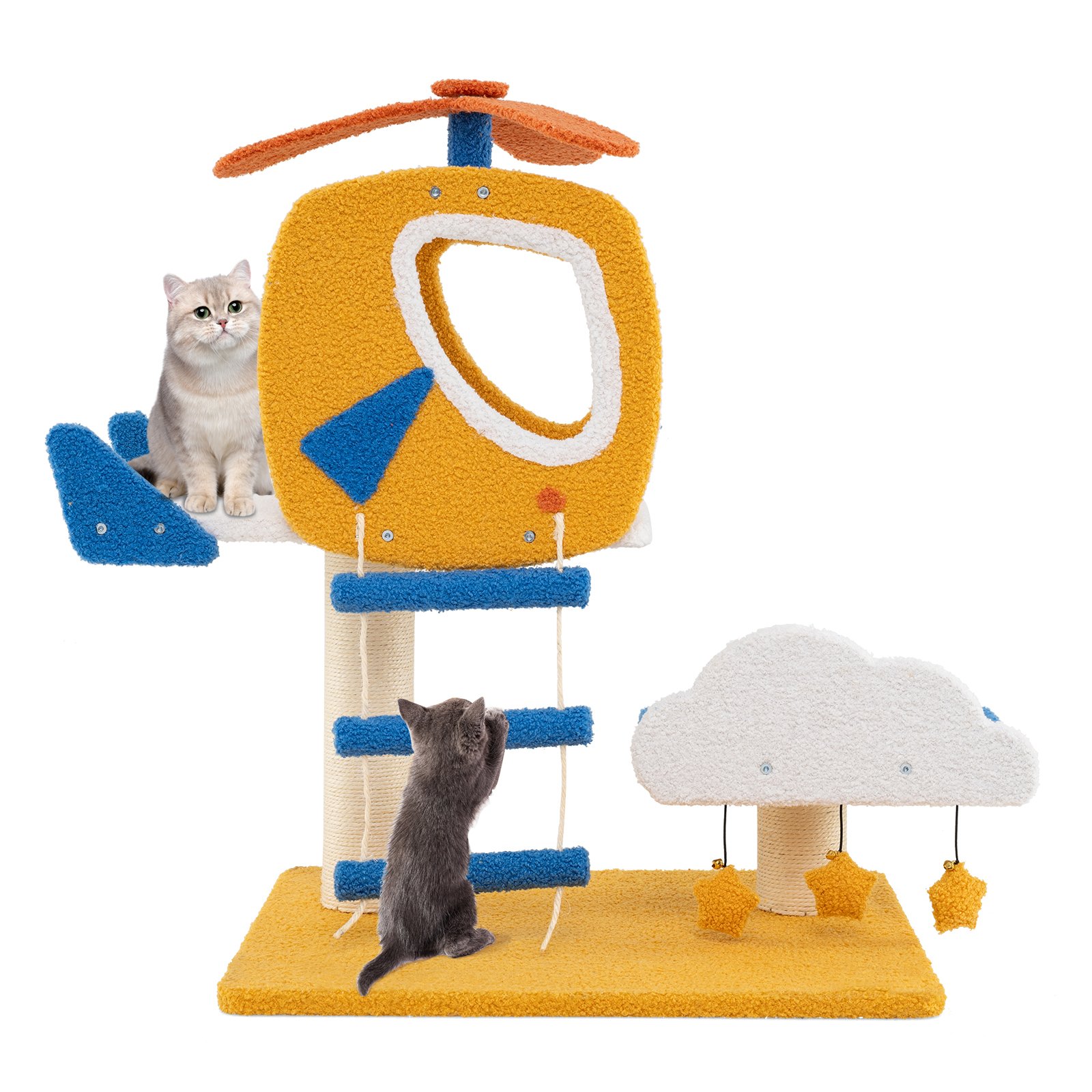 Aviation-themed Cat Tree for Indoor Cats with Helicopter Top Perch-Yellow