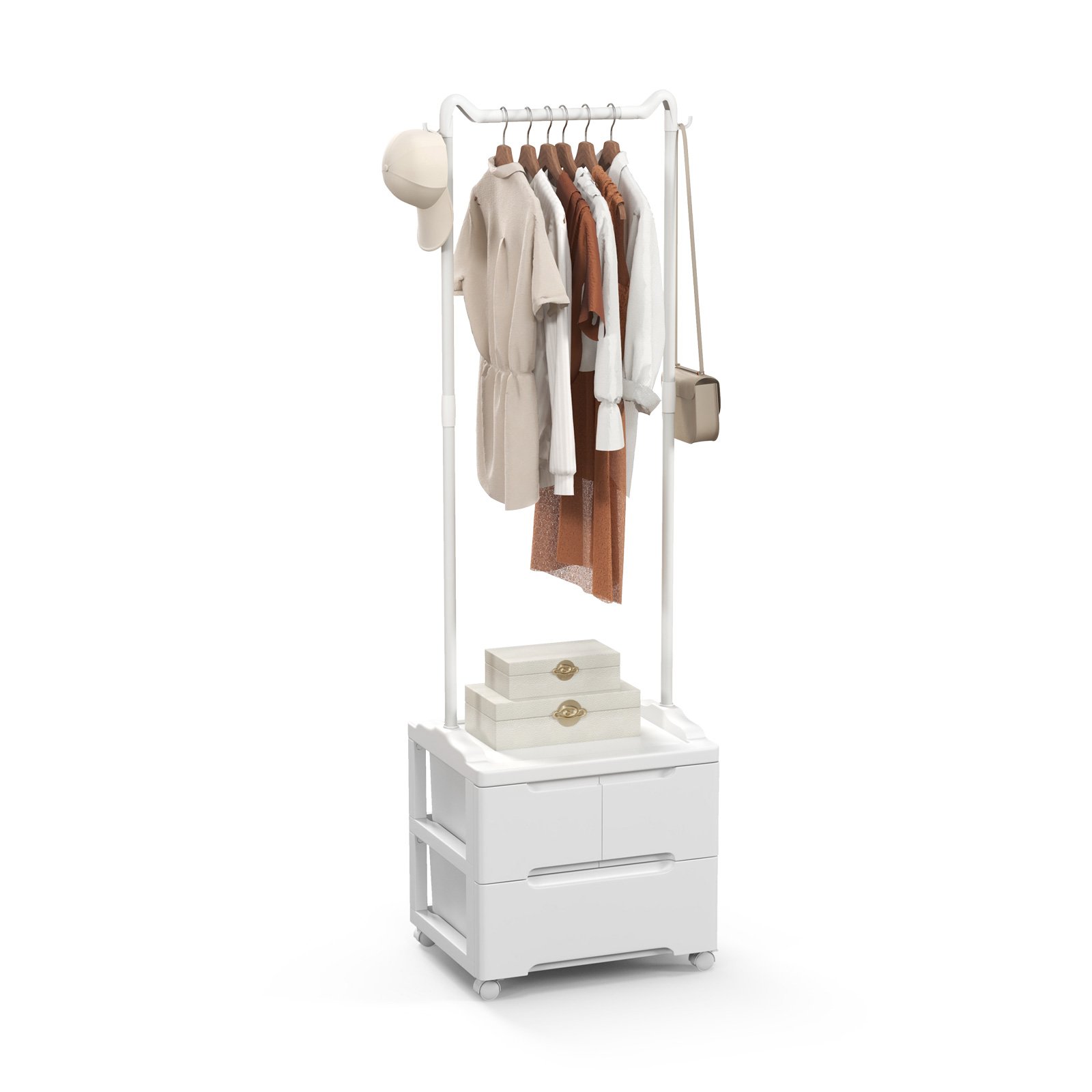 Clothing Rack with Drawers Rolling Garment Rack with Side Hooks-White