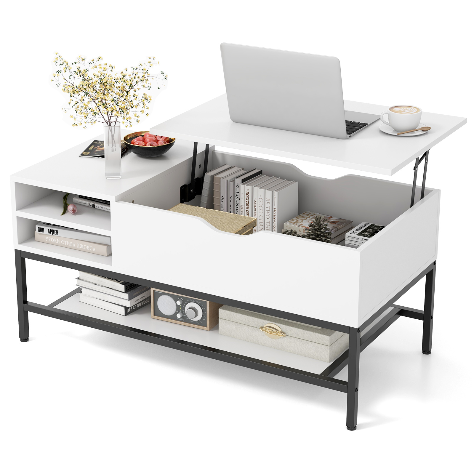 Lift Top Coffee Table with Hidden Compartment and Removable Shelf-White