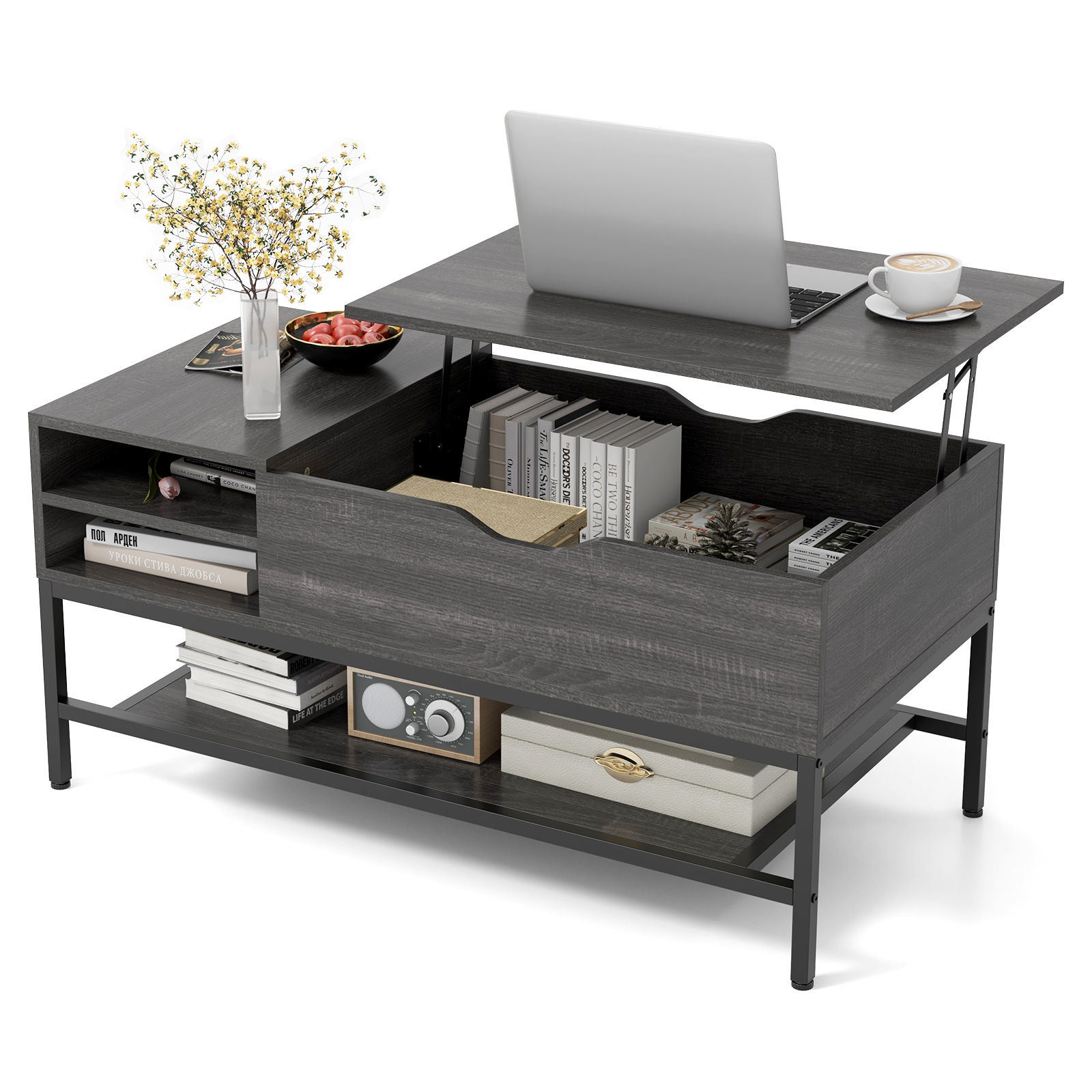 Lift Top Coffee Table with Hidden Compartment and Removable Shelf-Grey