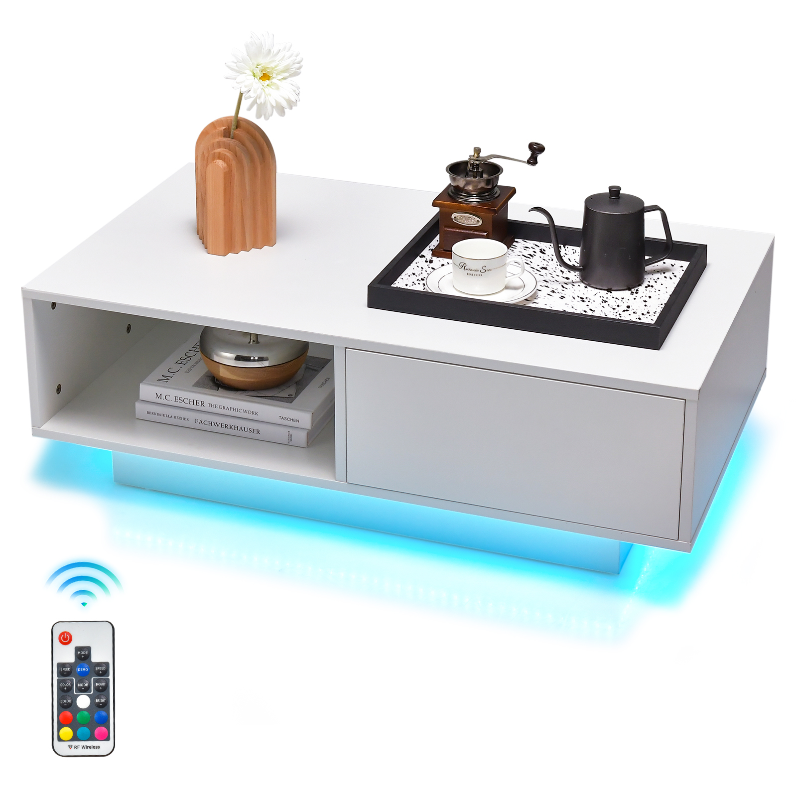 LED Coffee Table with 20 RGB Light Colors and Storage Shelf-White