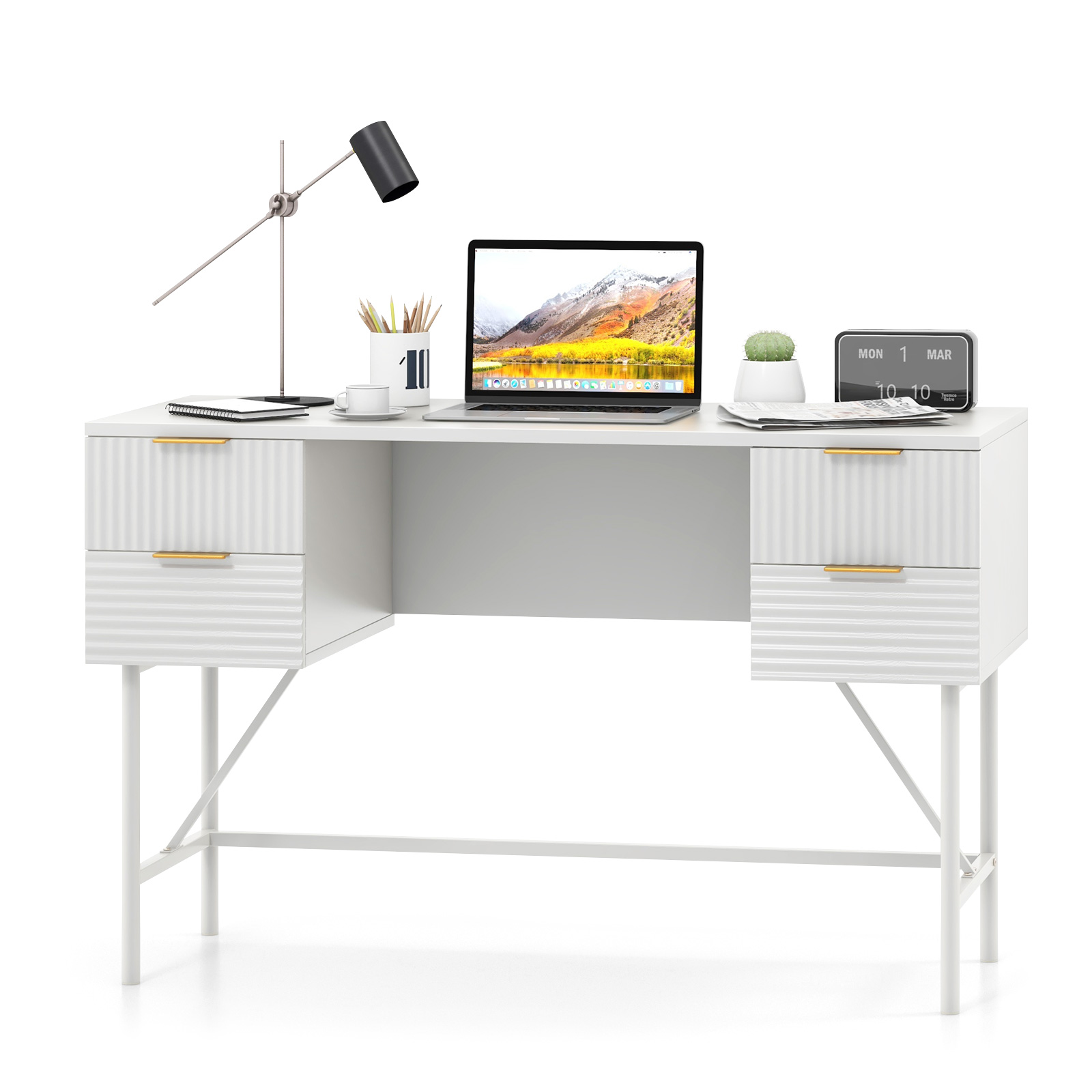 Modern Computer Desk with 4 Drawers and Storage-White