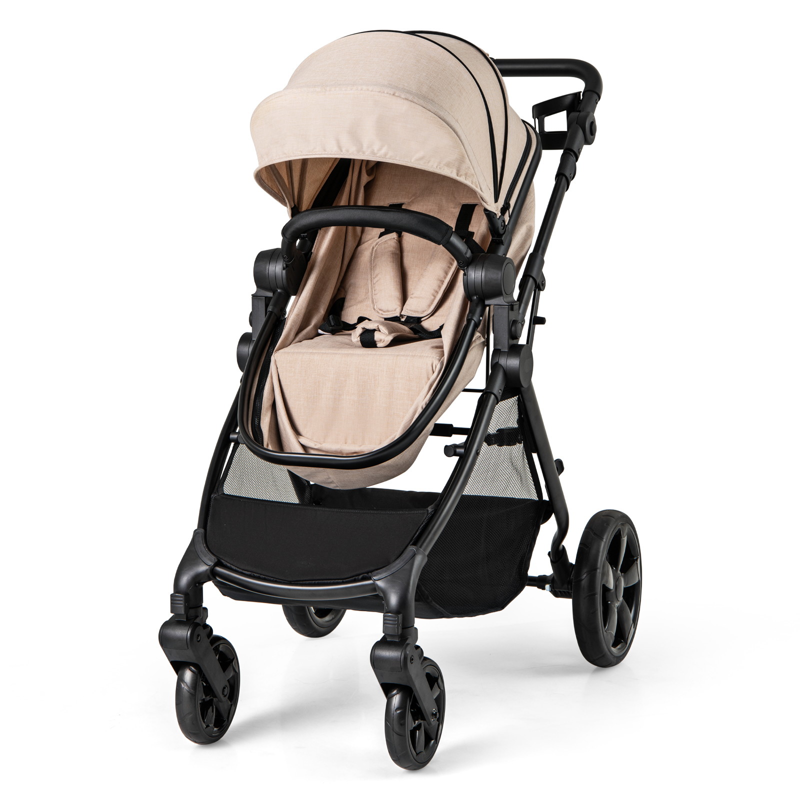 2-in-1 Convertible Baby Stroller with Reversible Seat and Adjustable Canopy-Beige