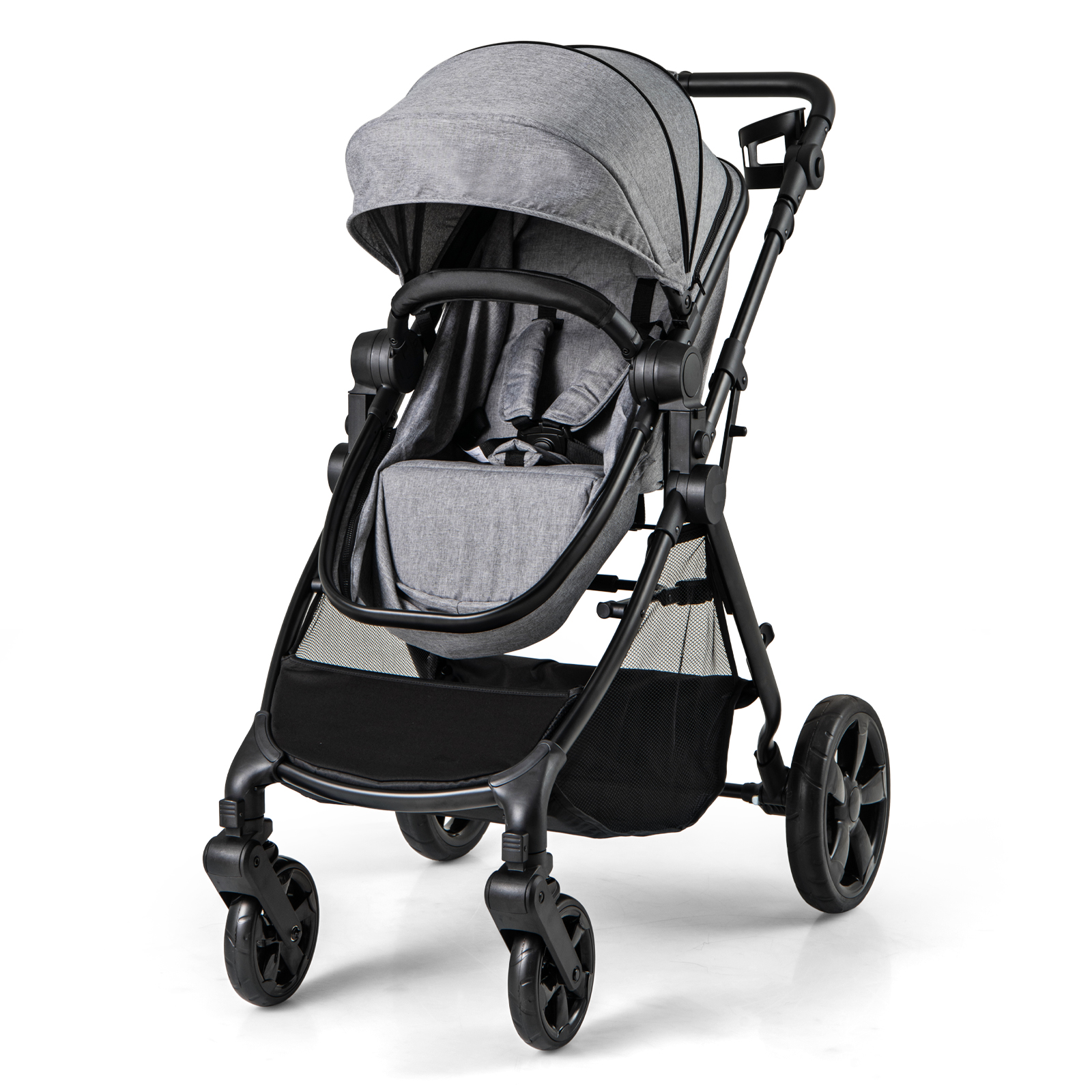 2-in-1 Convertible Baby Stroller with Reversible Seat and Adjustable Canopy-Grey