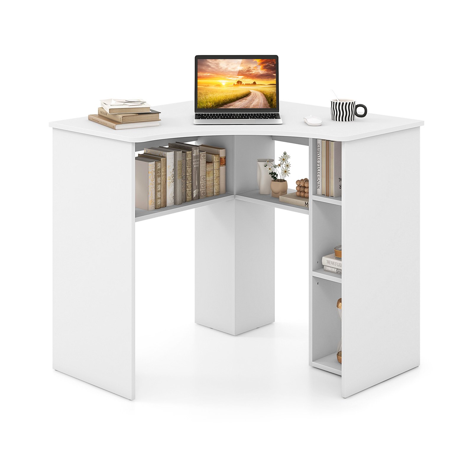 Corner Computer Desk with Storage and Adjustable Shelf-White