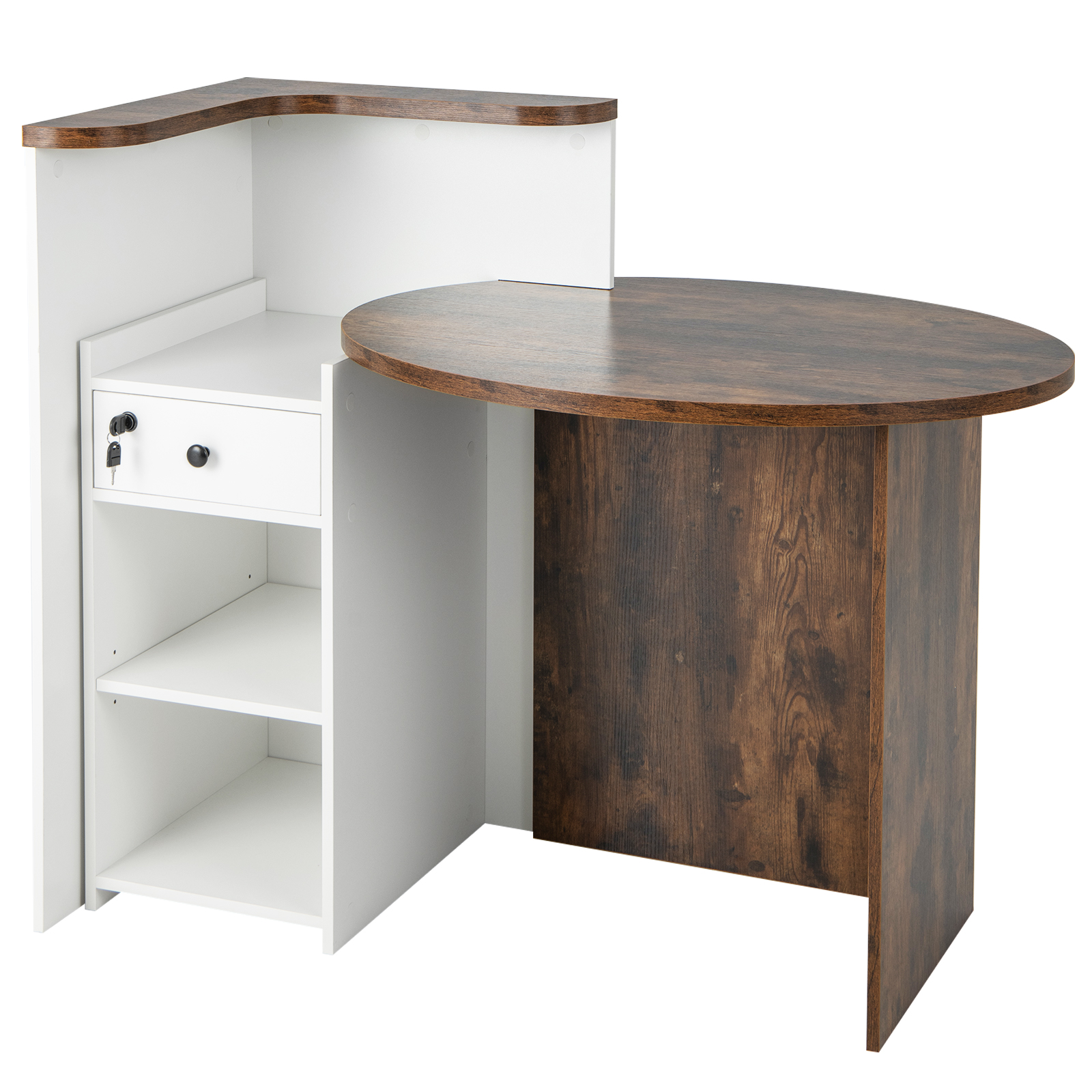 Corner Front Reception Counter Desk with Lockable Drawer-Coffee