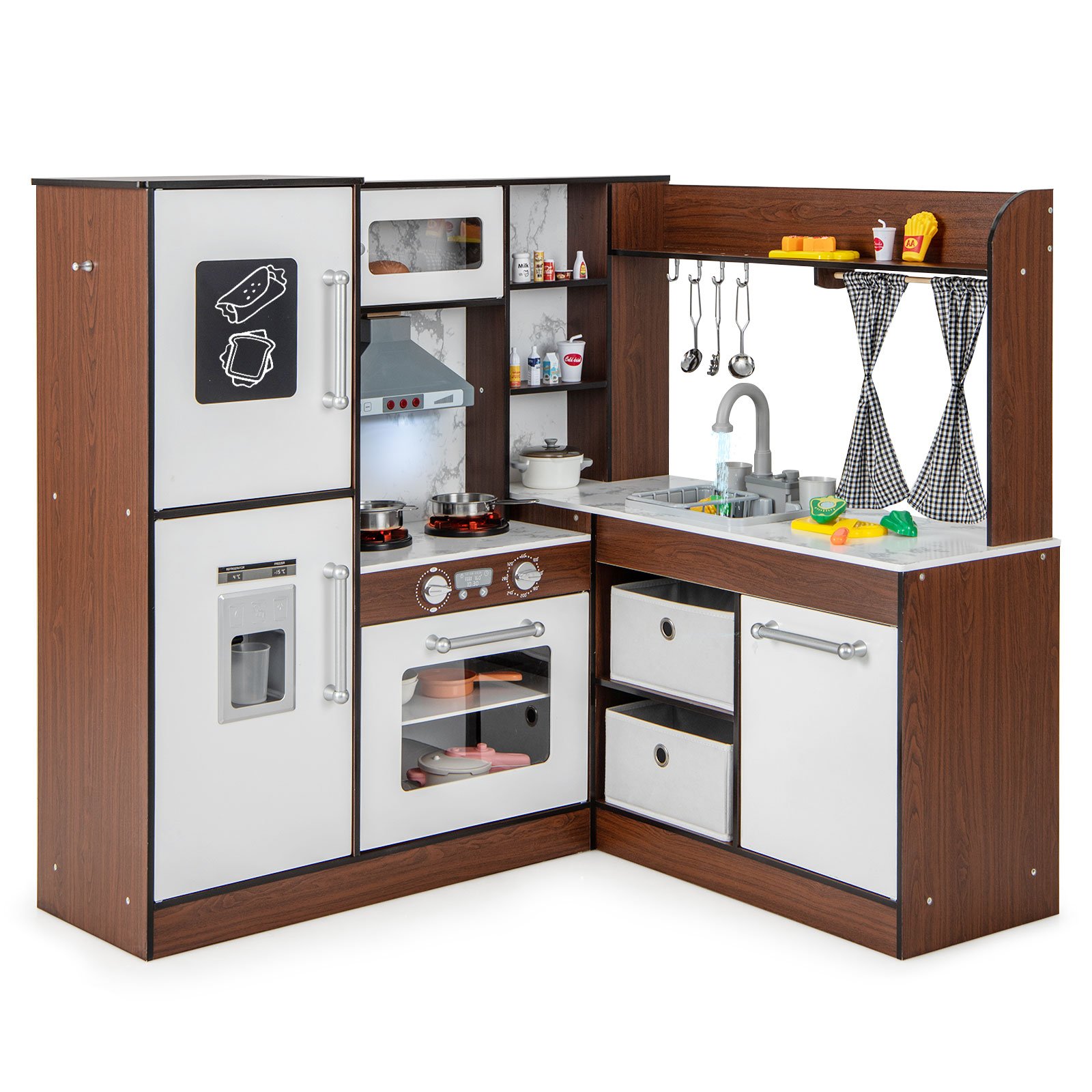 Kids Wooden Corner Play Kitchen with Lighted Range Hood and Stoves-Brown