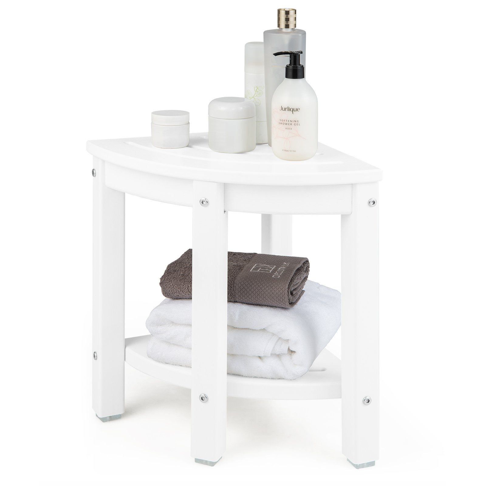 Waterproof Corner Shower Bench Stool with Storage Shelf for Shaving Legs-White